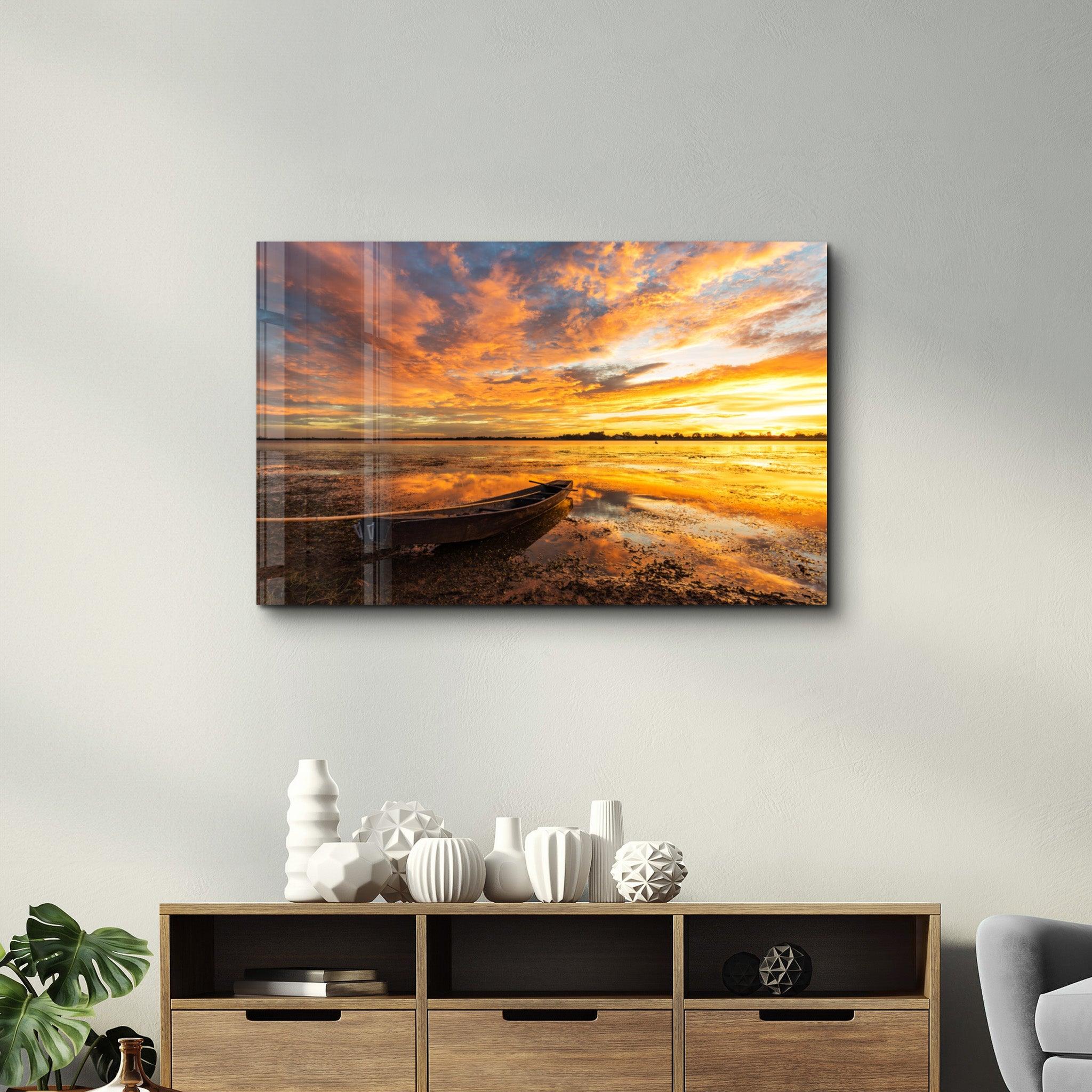 Golden Sunset over the Lake | Glass Wall Art - Artdesigna