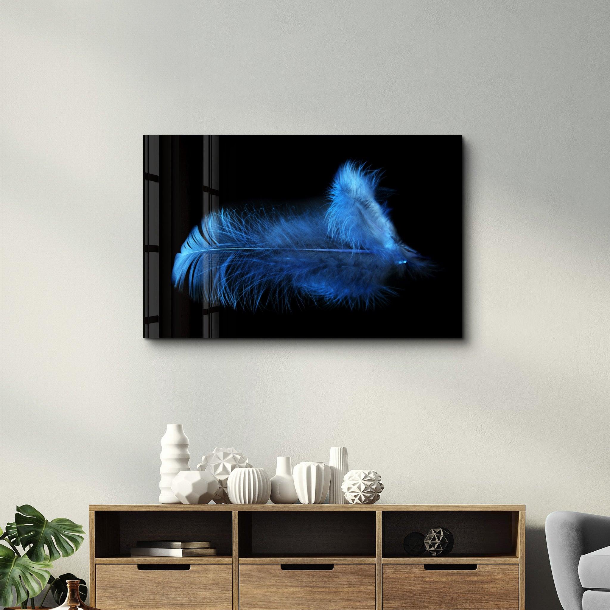 Blue Feather | Glass Wall Art - Artdesigna