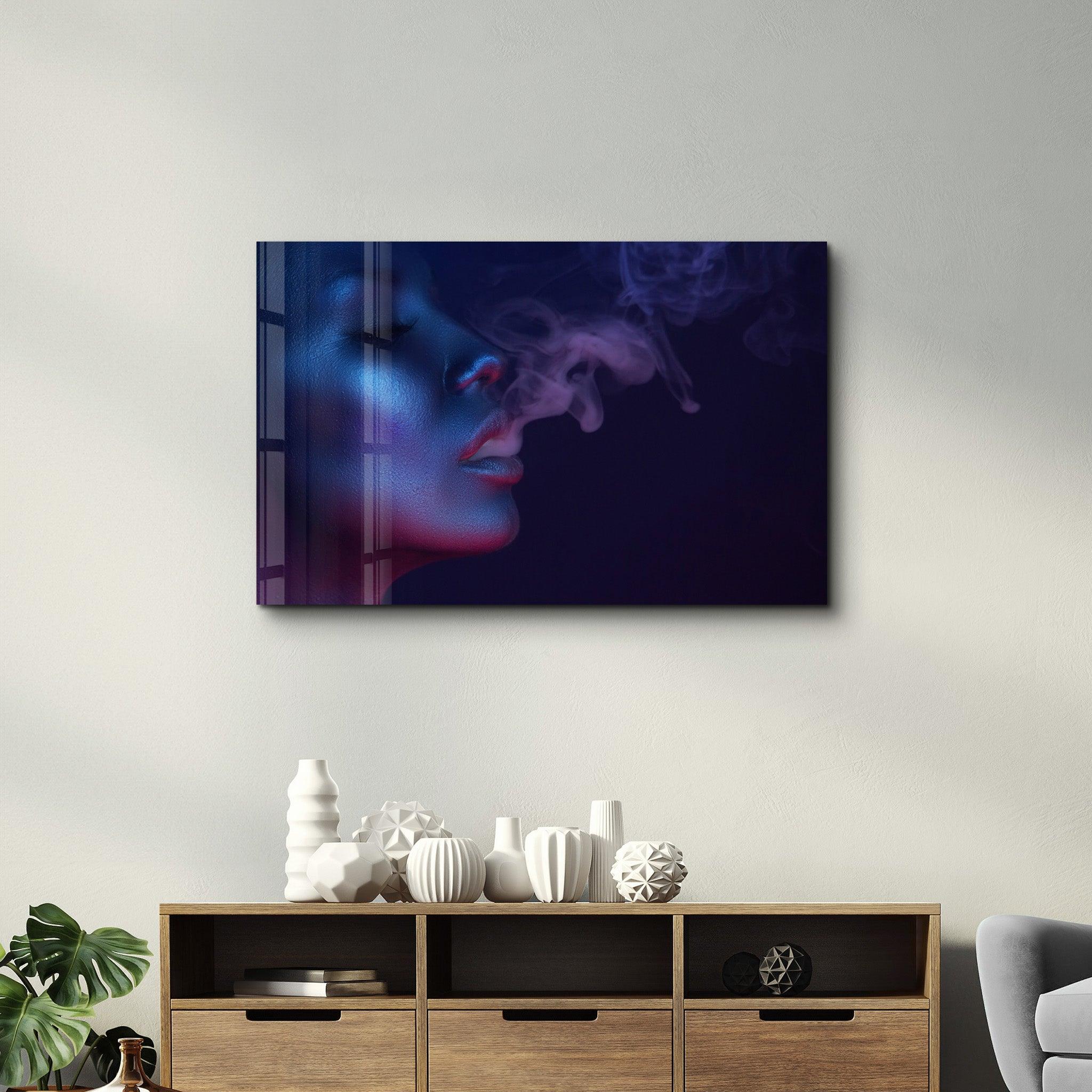 Smoke and Woman | Glass Wall Art - Artdesigna