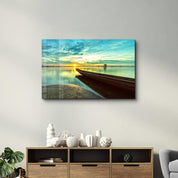 Kayak and Sunset on the Beach | Glass Wall Art - Artdesigna