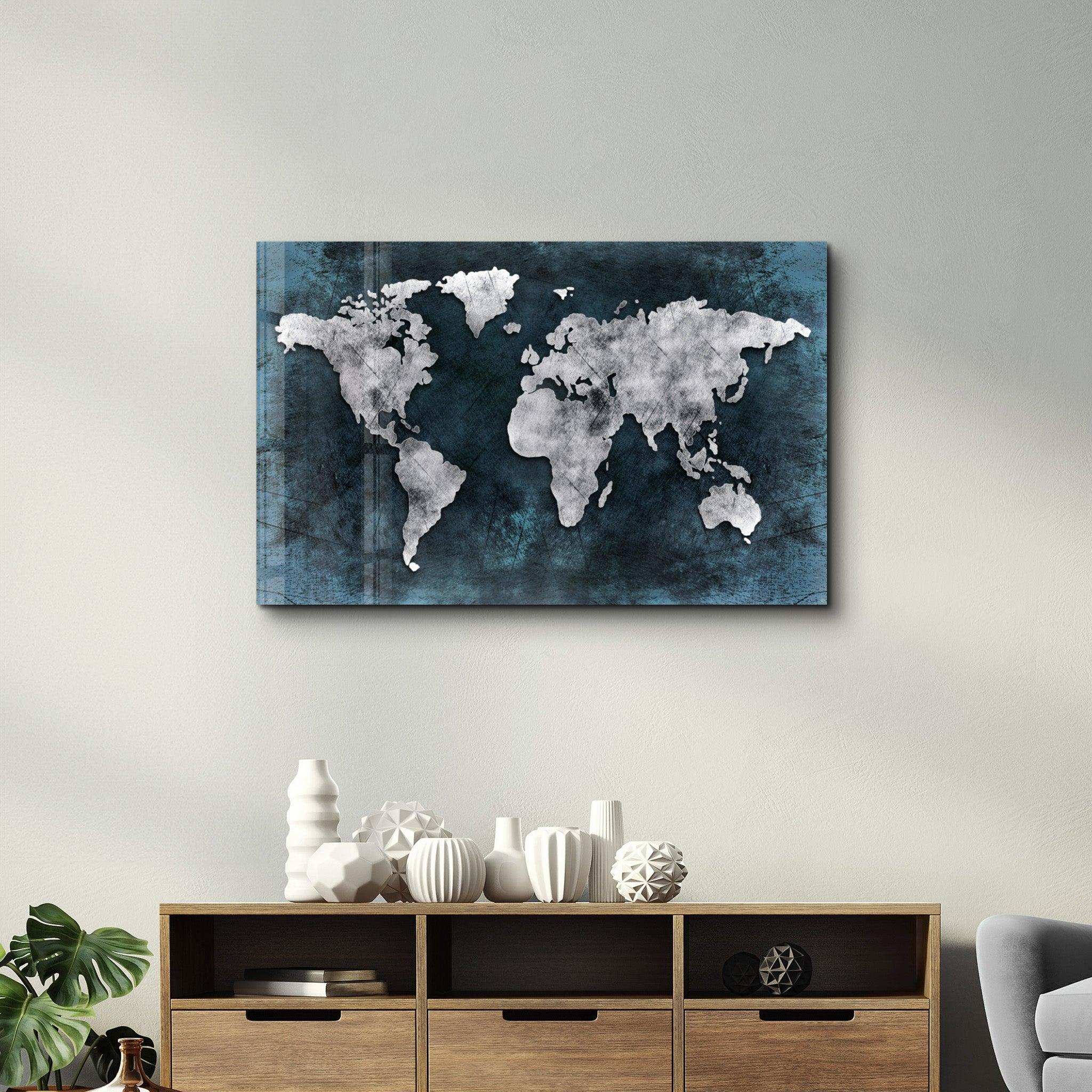 World Map Blue-Silver | Glass Wall Art - Artdesigna