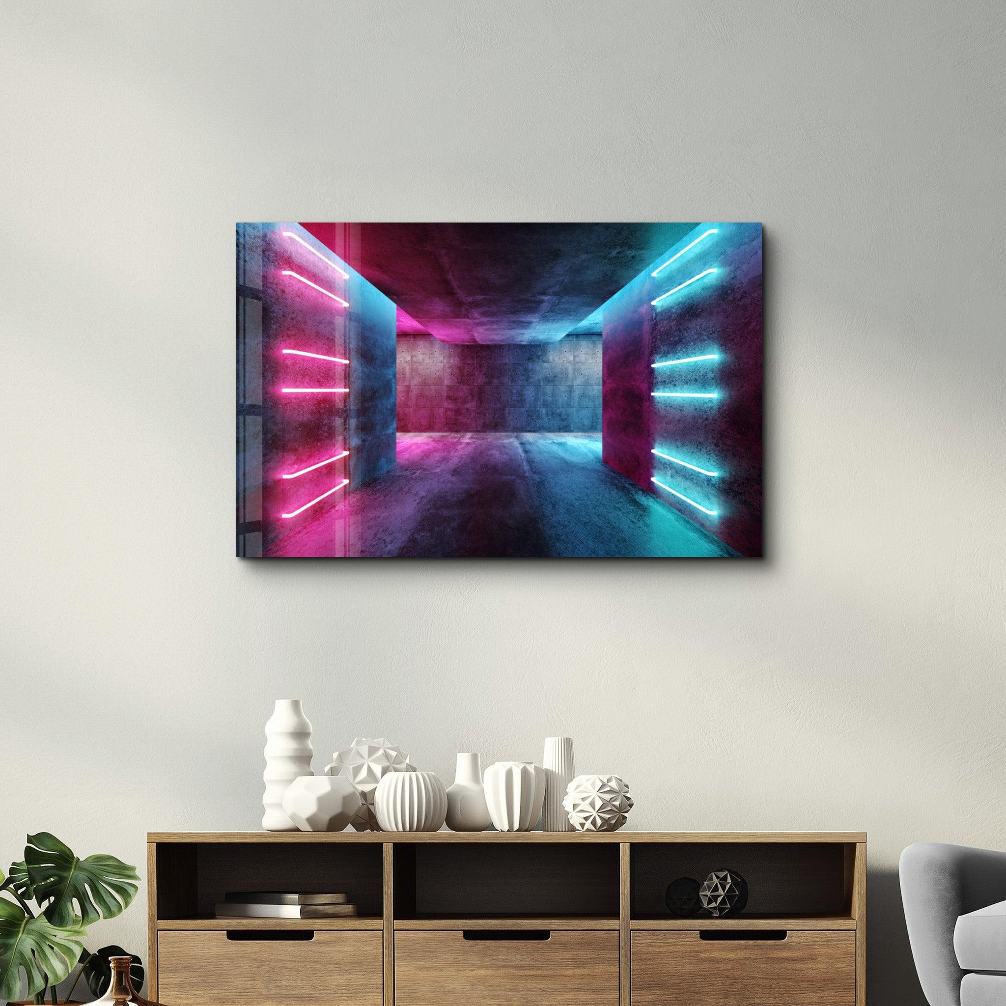 Neon Corridor | Glass Wall Art - Artdesigna