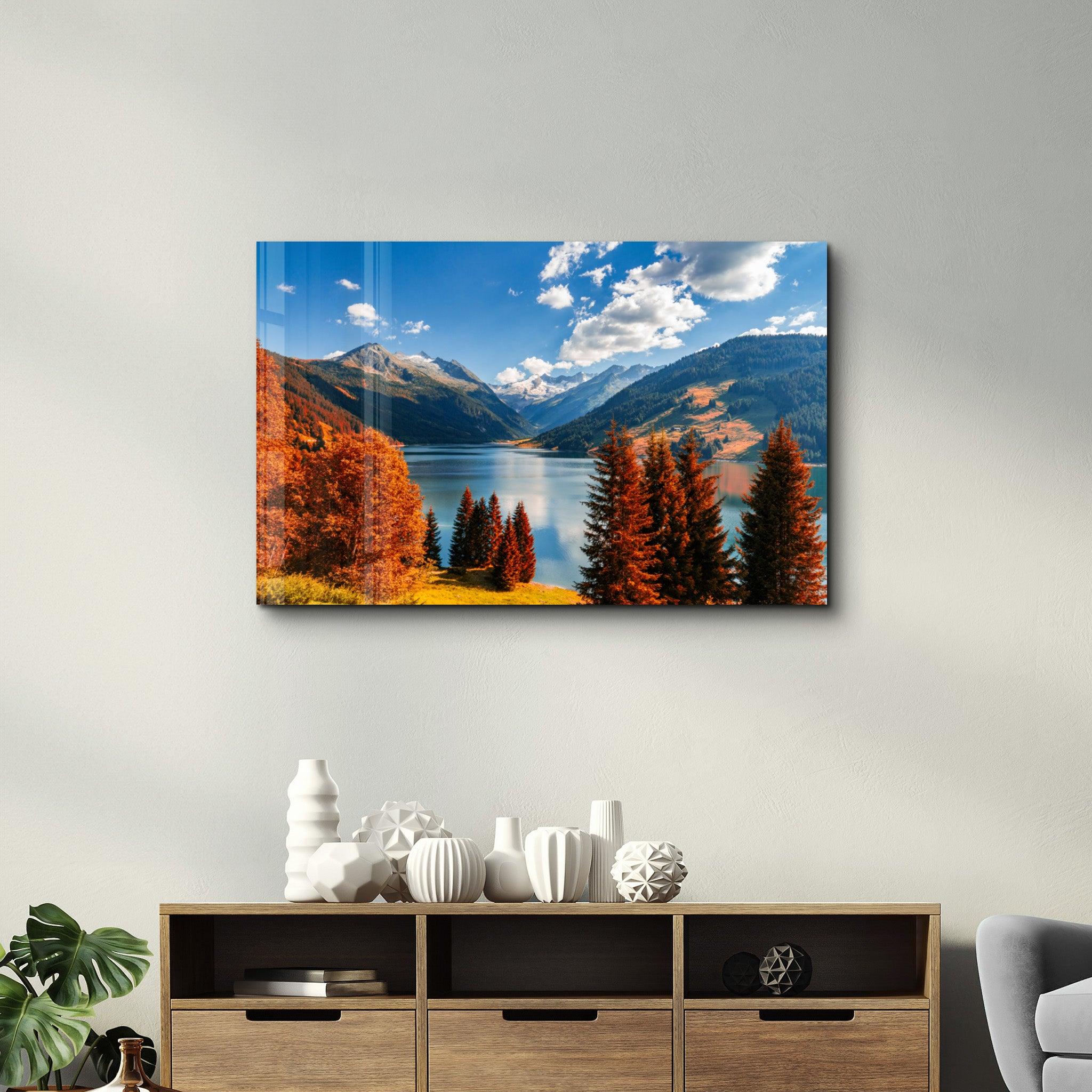 Lake and Mountain Landscape | Glass Wall Art - Artdesigna