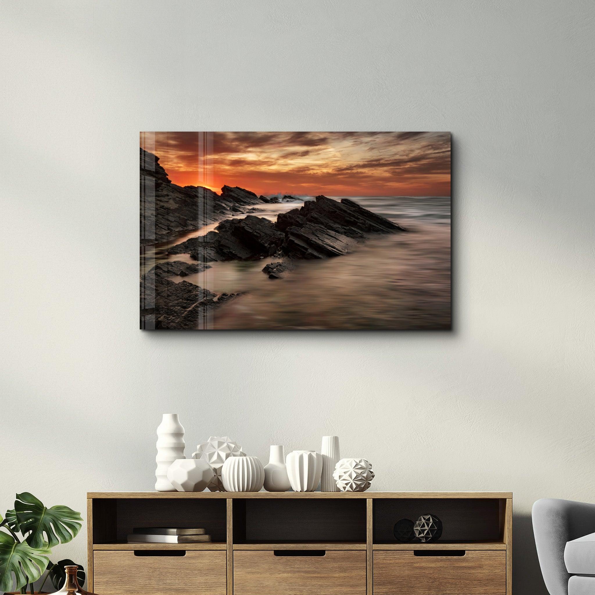 Sharp Rocks and Sunset | Glass Wall Art - Artdesigna