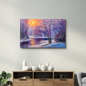 Oil Painting Winter Sunset | Glass Wall Art - Artdesigna