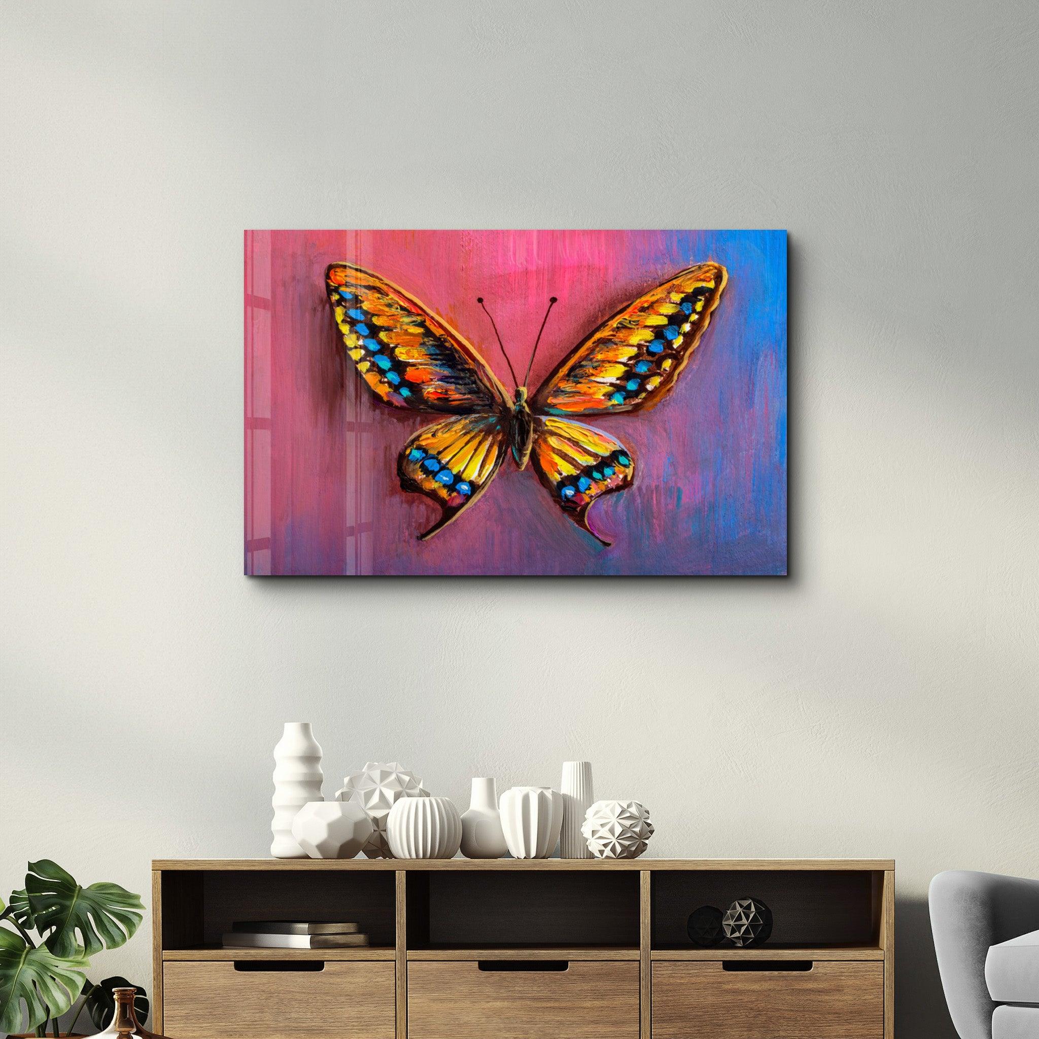 Spectrum Wings: The Colorburst Butterfly | Glass Wall Art - Artdesigna