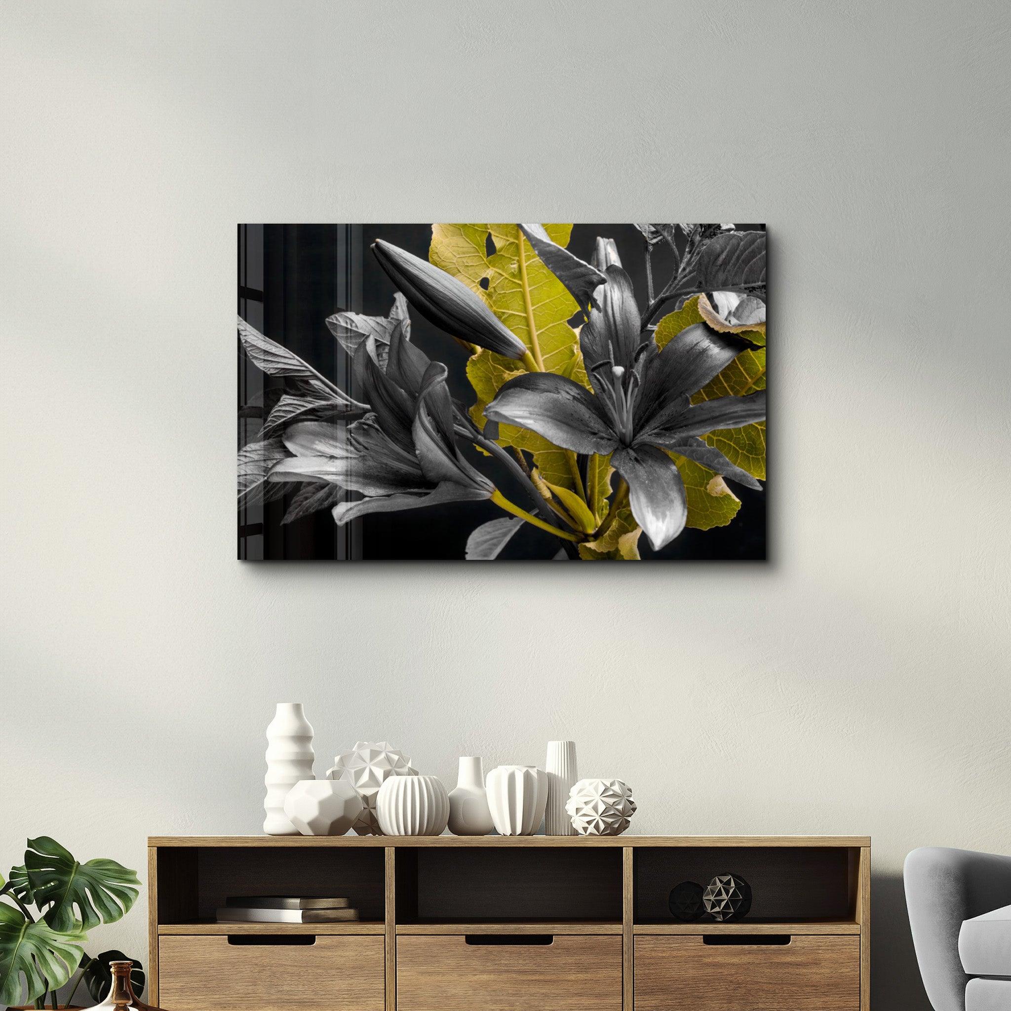 Yellow and Black Flowers | Glass Wall Art - Artdesigna