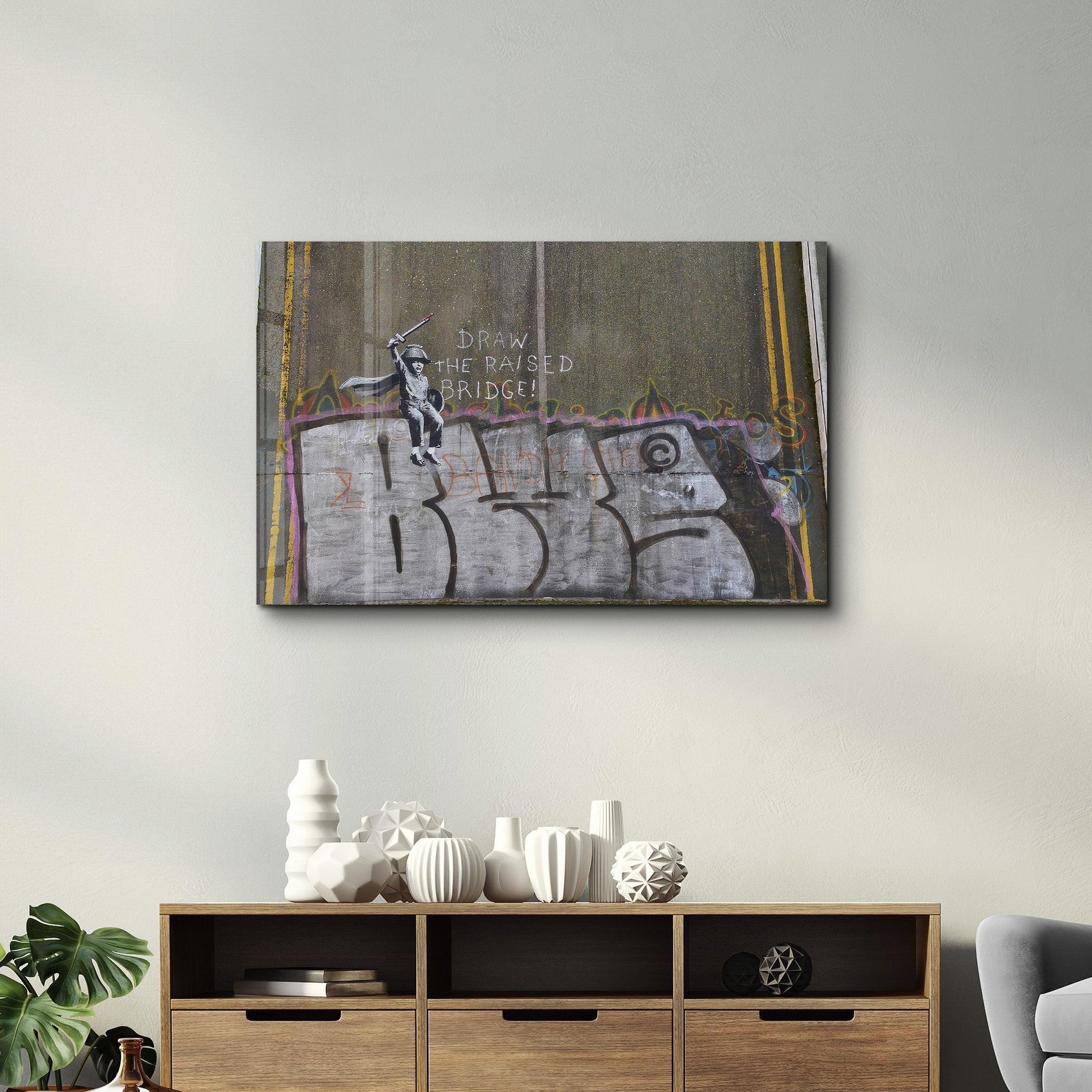 Banksy - Draw the Raised Bridge | Designer's Collection Glass Wall Art - Artdesigna