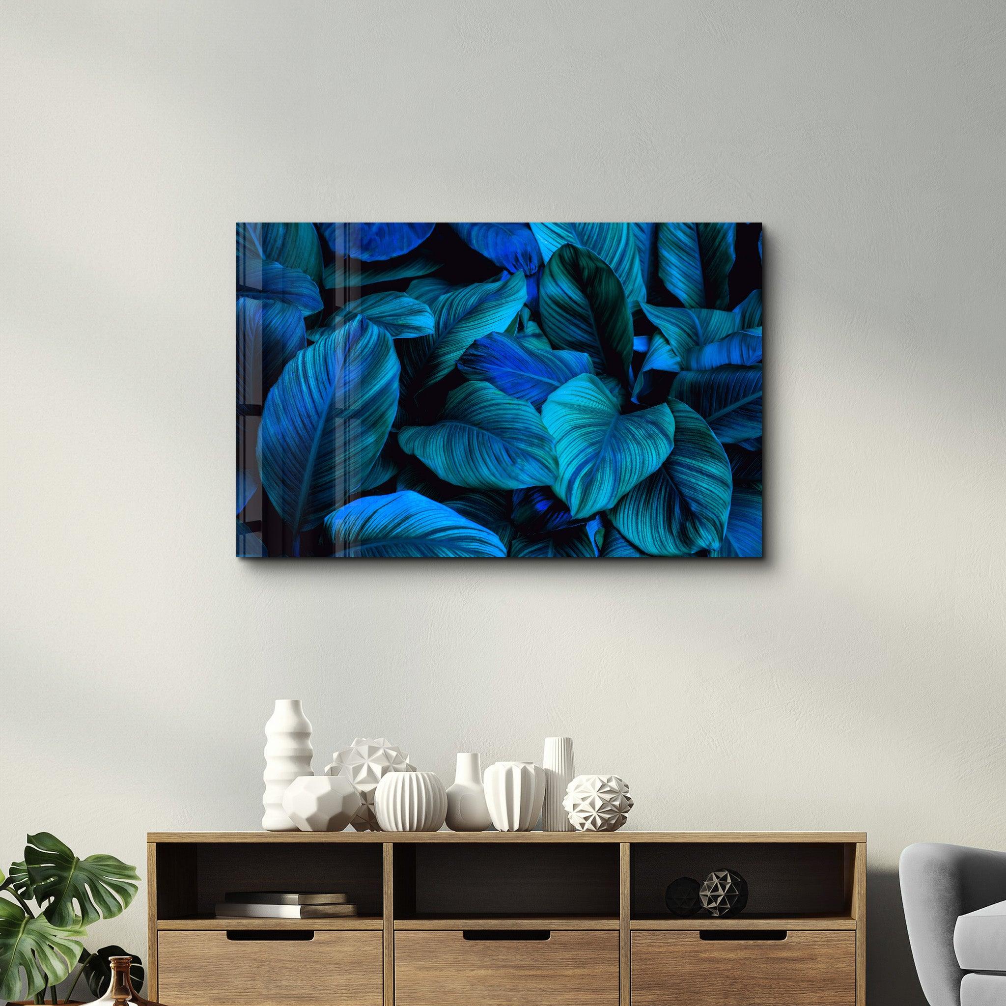 Blue Leaves | Glass Wall Art - Artdesigna