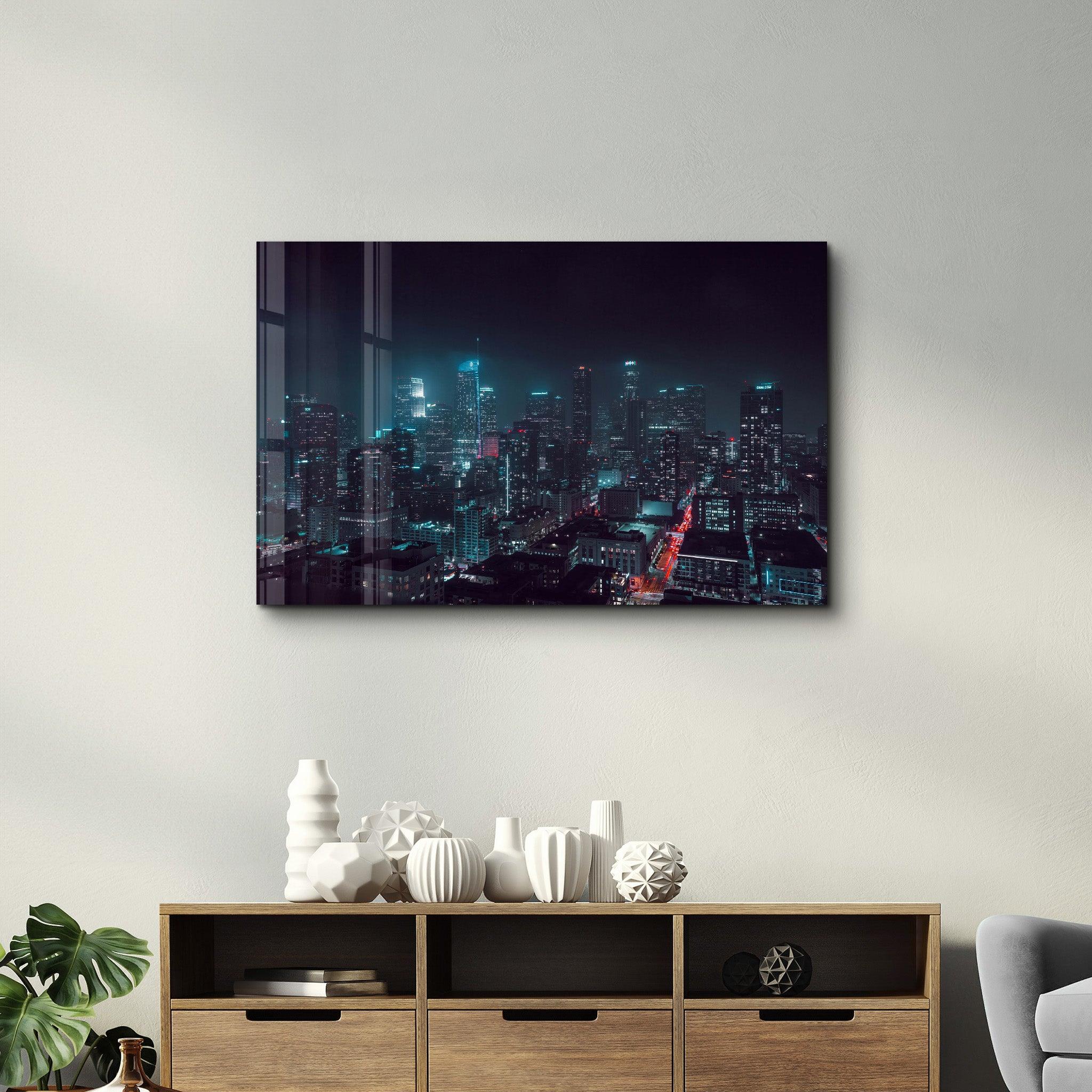 Los Angeles Skyline at Night | Glass Wall Art - Artdesigna