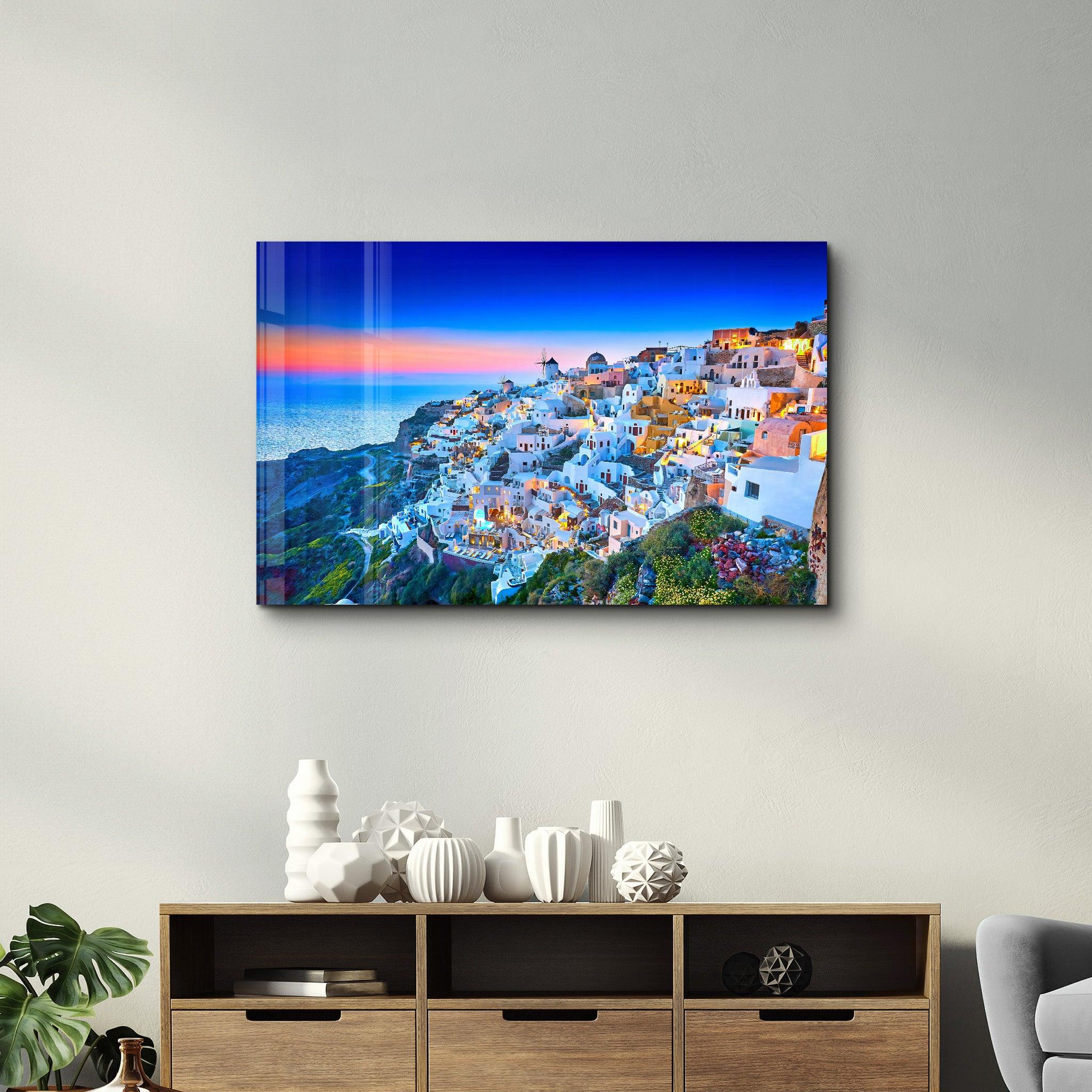 Church of Santorini. Fira town on Santorini island, Greece | Glass Wall Art - Artdesigna