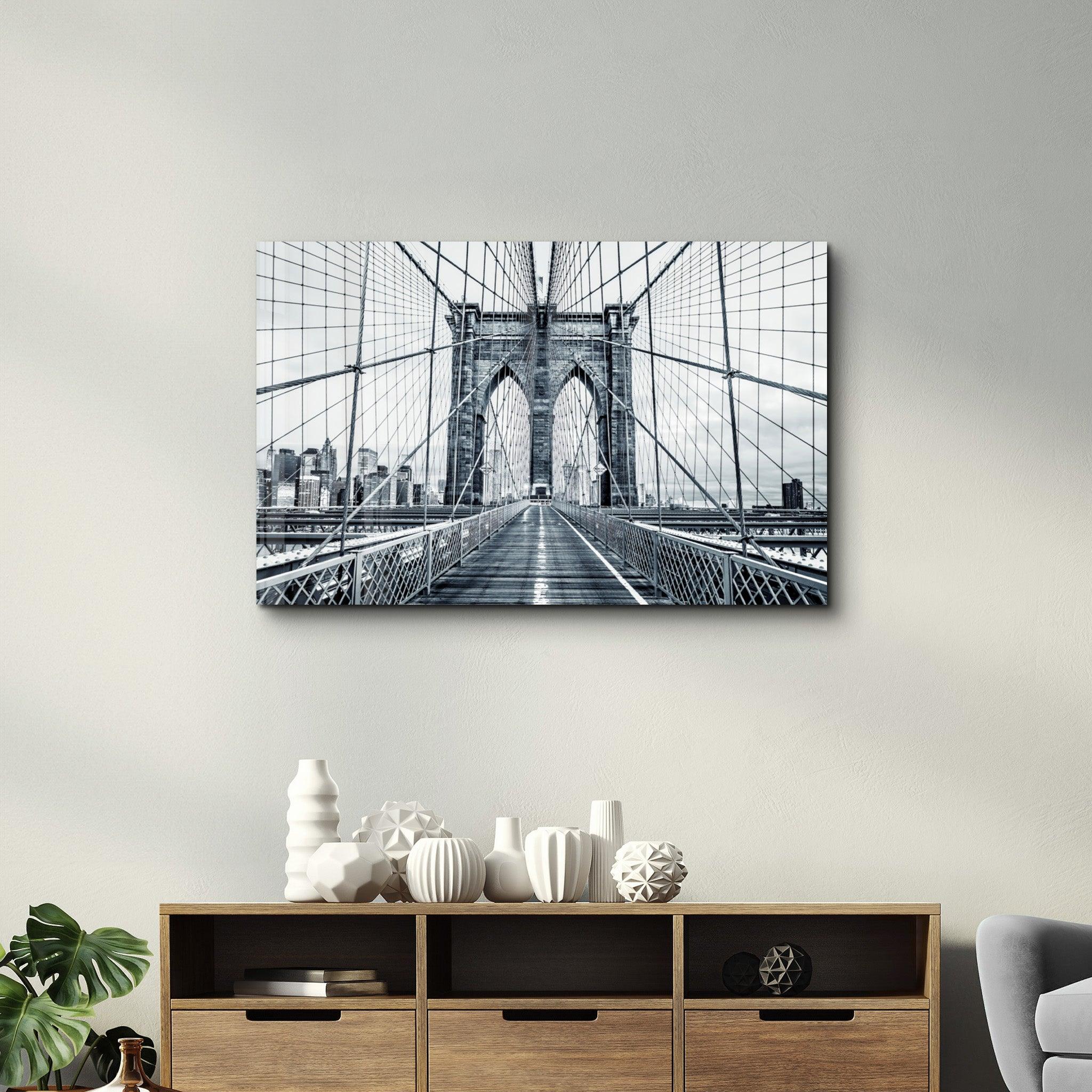 Brooklyn Bridge Retro Gray | Glass Wall Art - Artdesigna