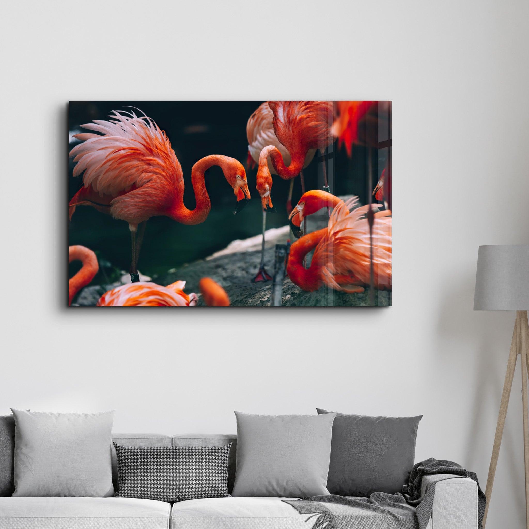 Orange Flamingos | Glass Wall Art - Artdesigna