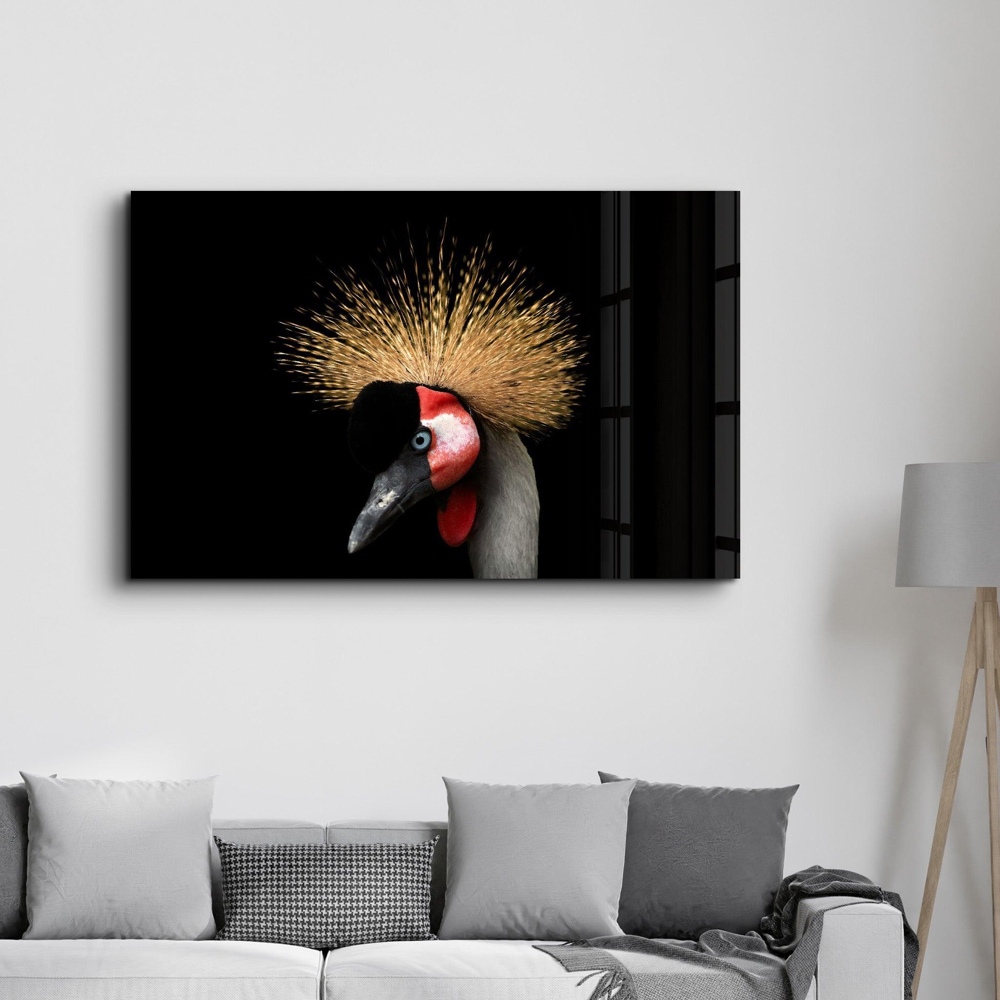 Crowned Crane | Glass Wall Art - Artdesigna