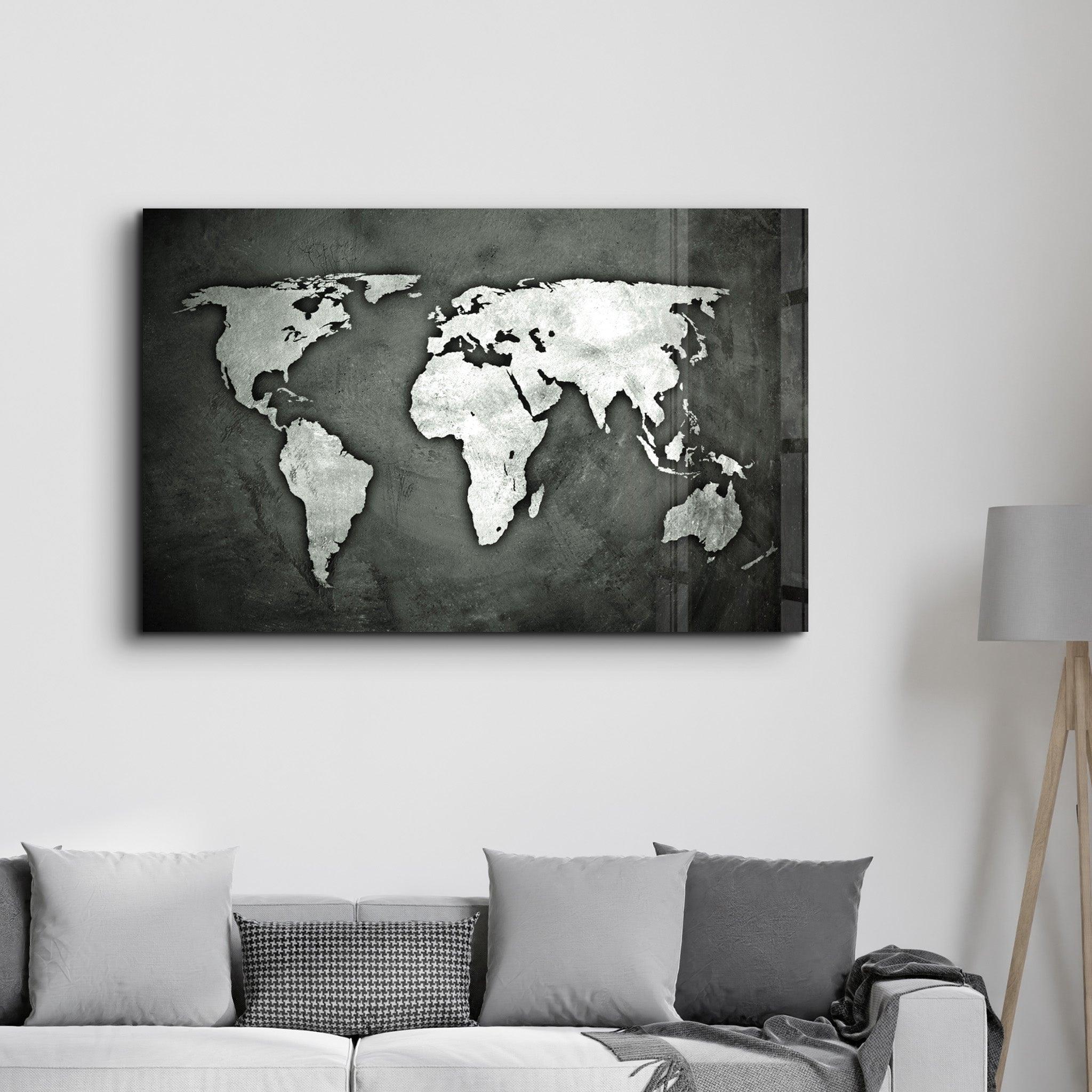 Silver Gray World Map | Glass Wall Art - Artdesigna