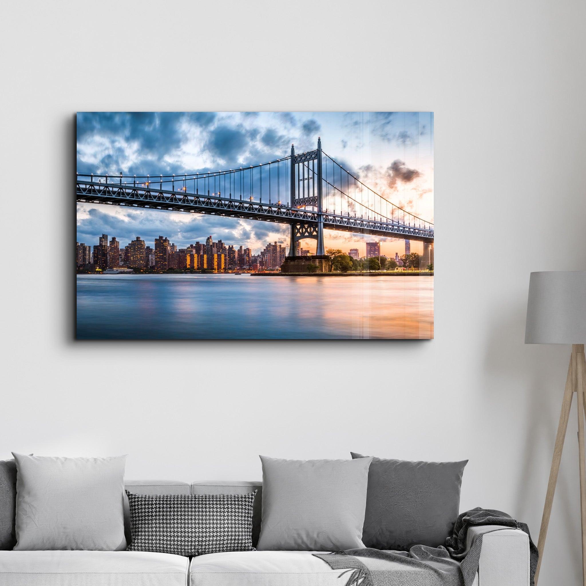 Sunset With Brooklyn Bridge | Glass Wall Art - Artdesigna