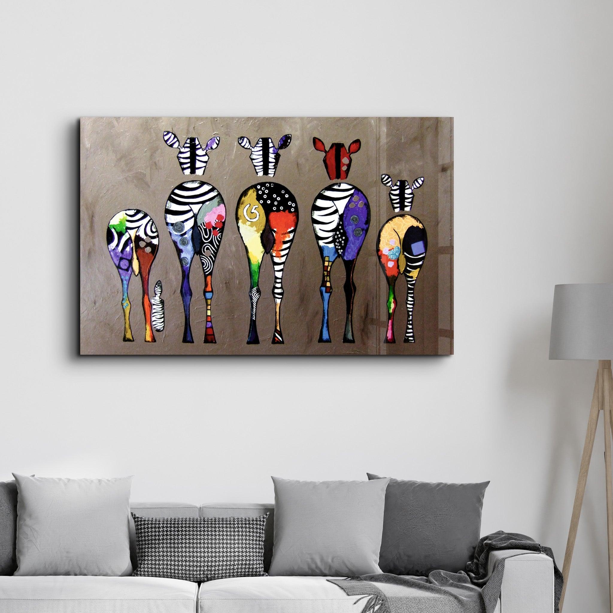 Colorful Zebra Family | Glass Wall Art - Artdesigna