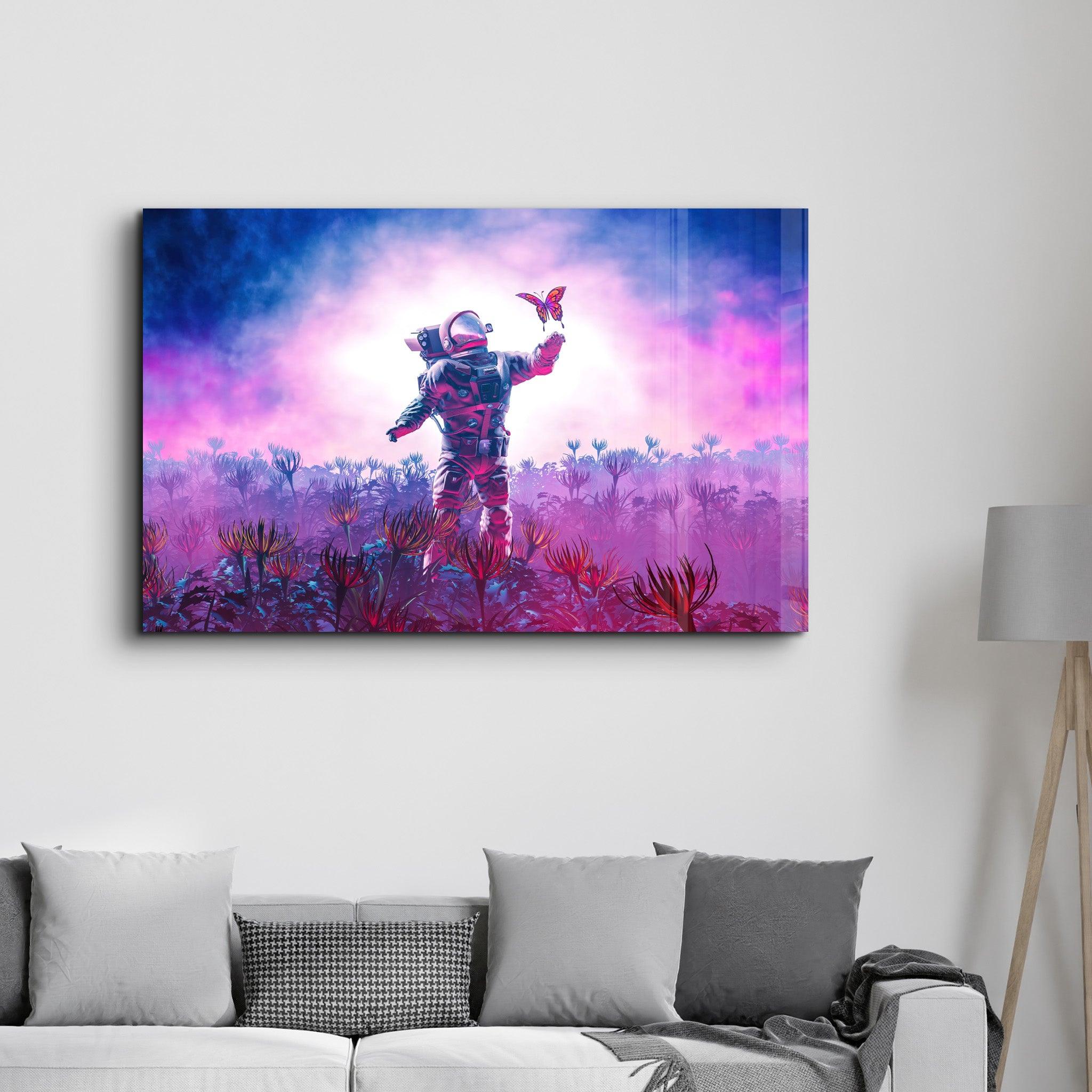 Astronaut With Butterfly | Glass Wall Art - Artdesigna