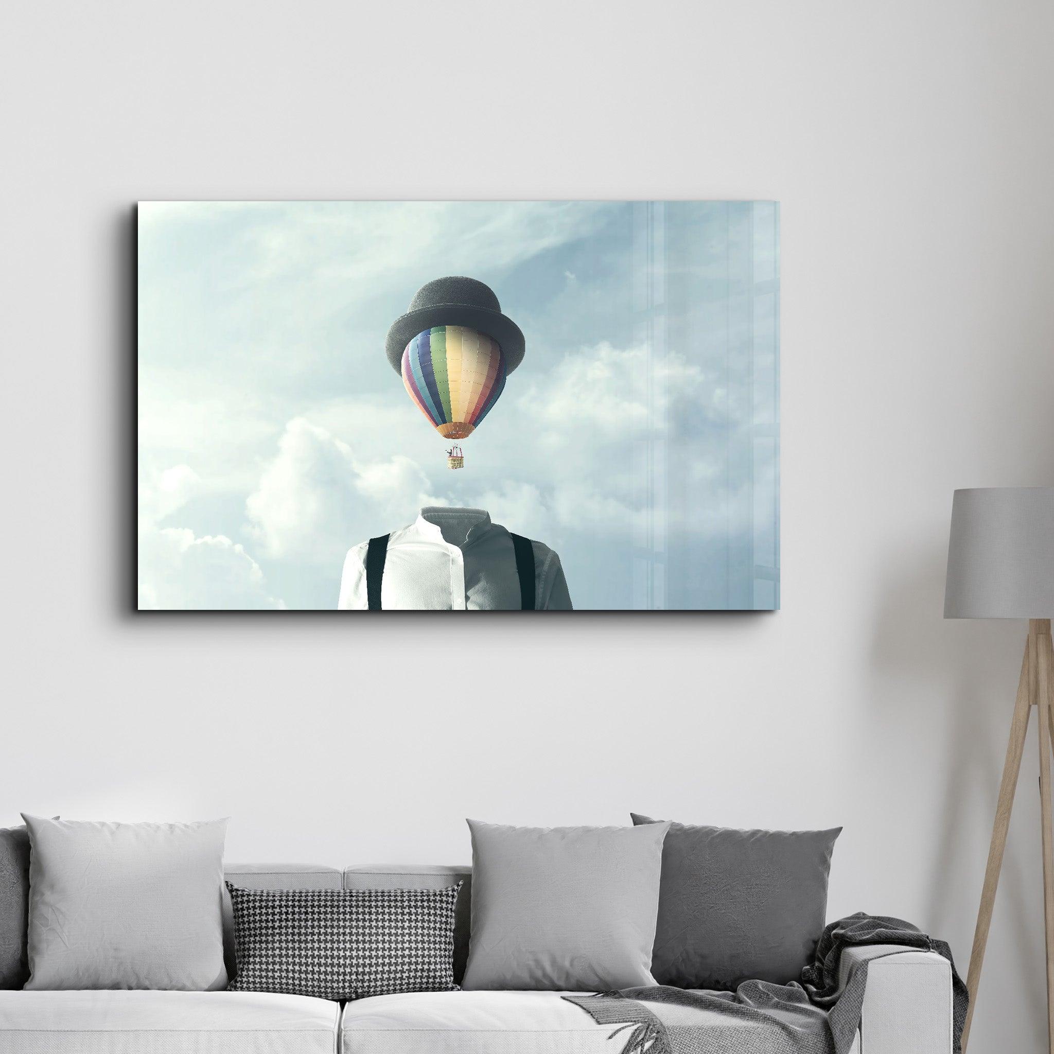 Man With Hot Air Balloon Head | Glass Wall Art - Artdesigna