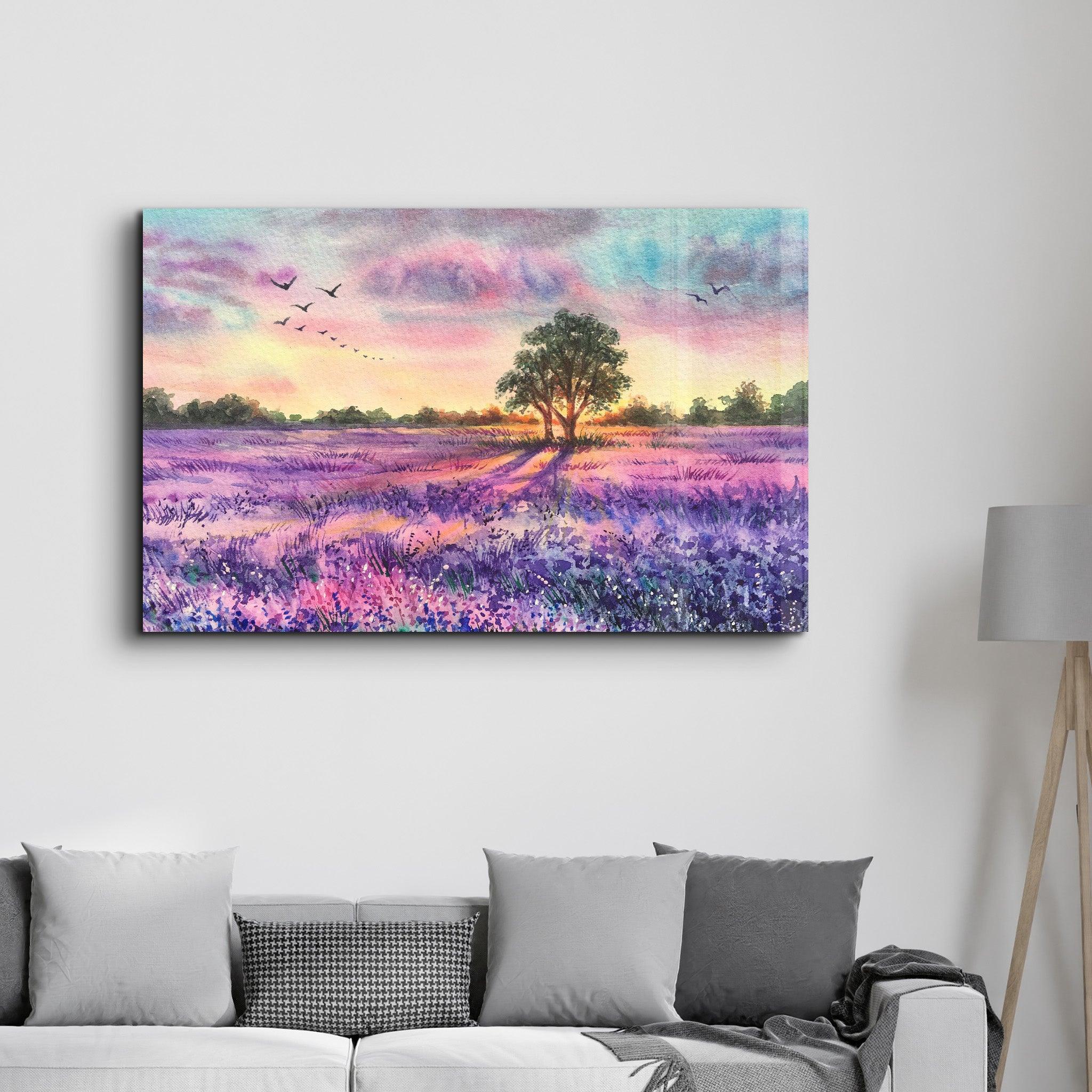 Sunset Meadow Painting | Glass Wall Art - Artdesigna