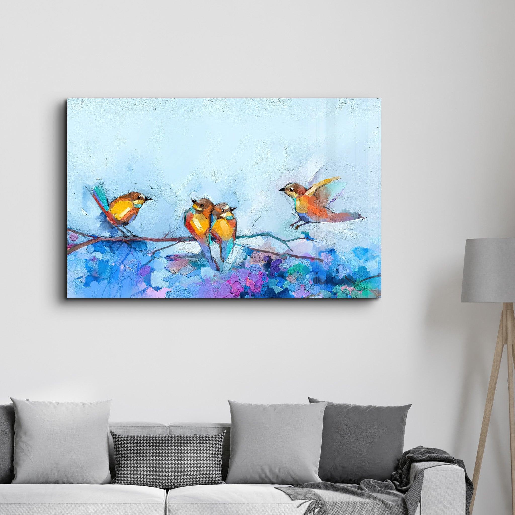 Birds With Flower Painting | Glass Wall Art - Artdesigna