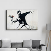 Banksy - Rioter Throwing a Flower Bouquet | Glass Wall Art - Artdesigna