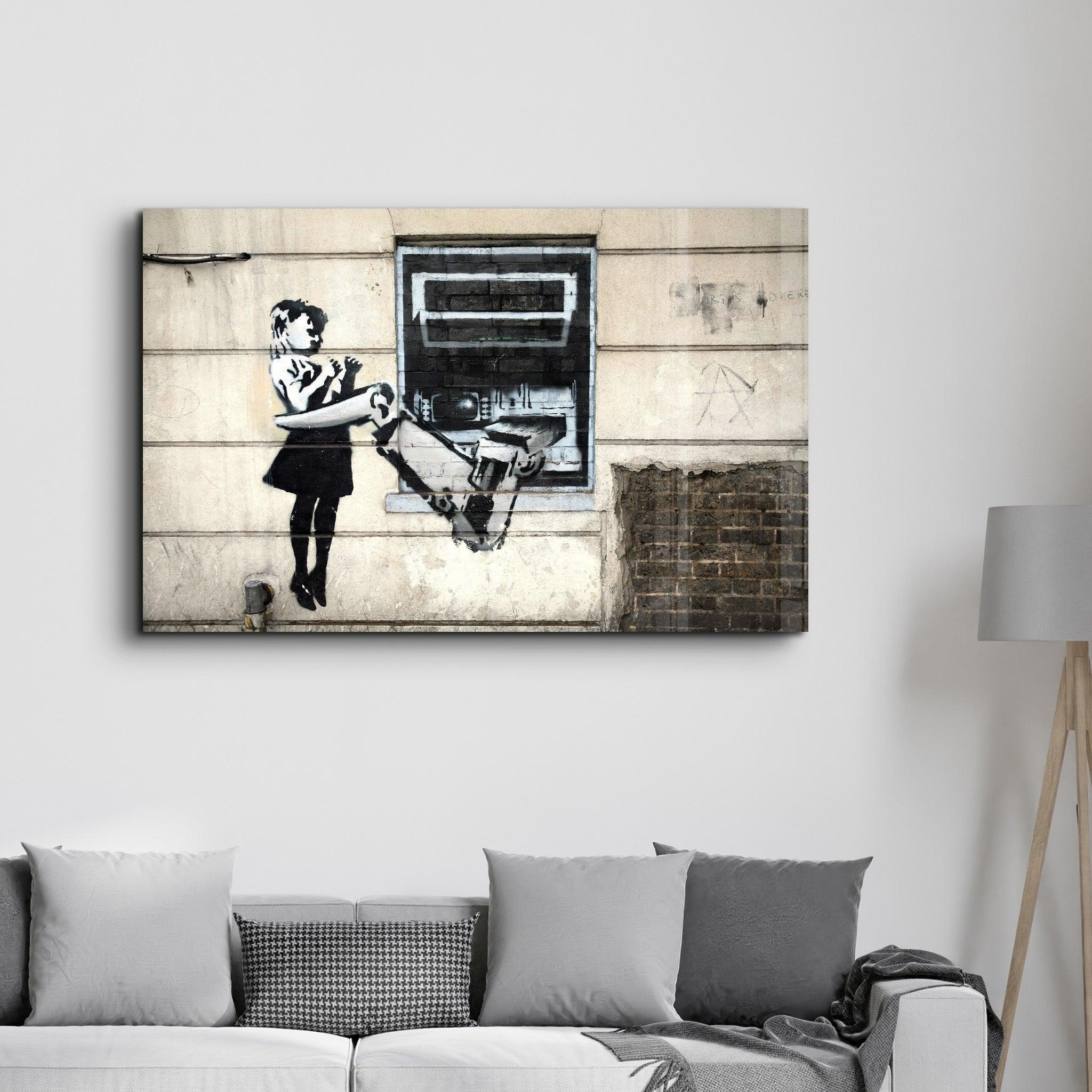 Banksy - Cash Machine Girl Graffiti | Glass Wall Art - Artdesigna