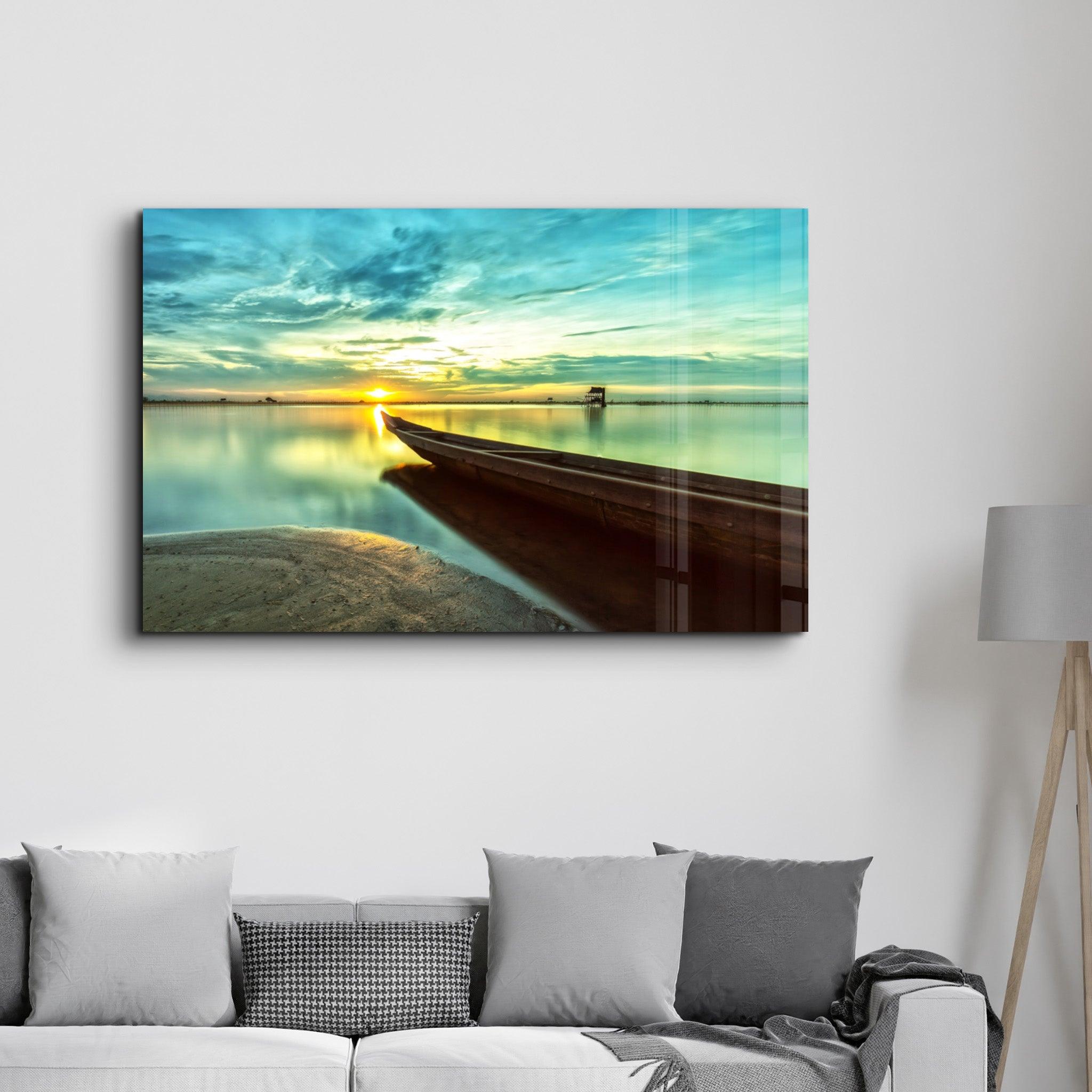 Kayak and Sunset on the Beach | Glass Wall Art - Artdesigna