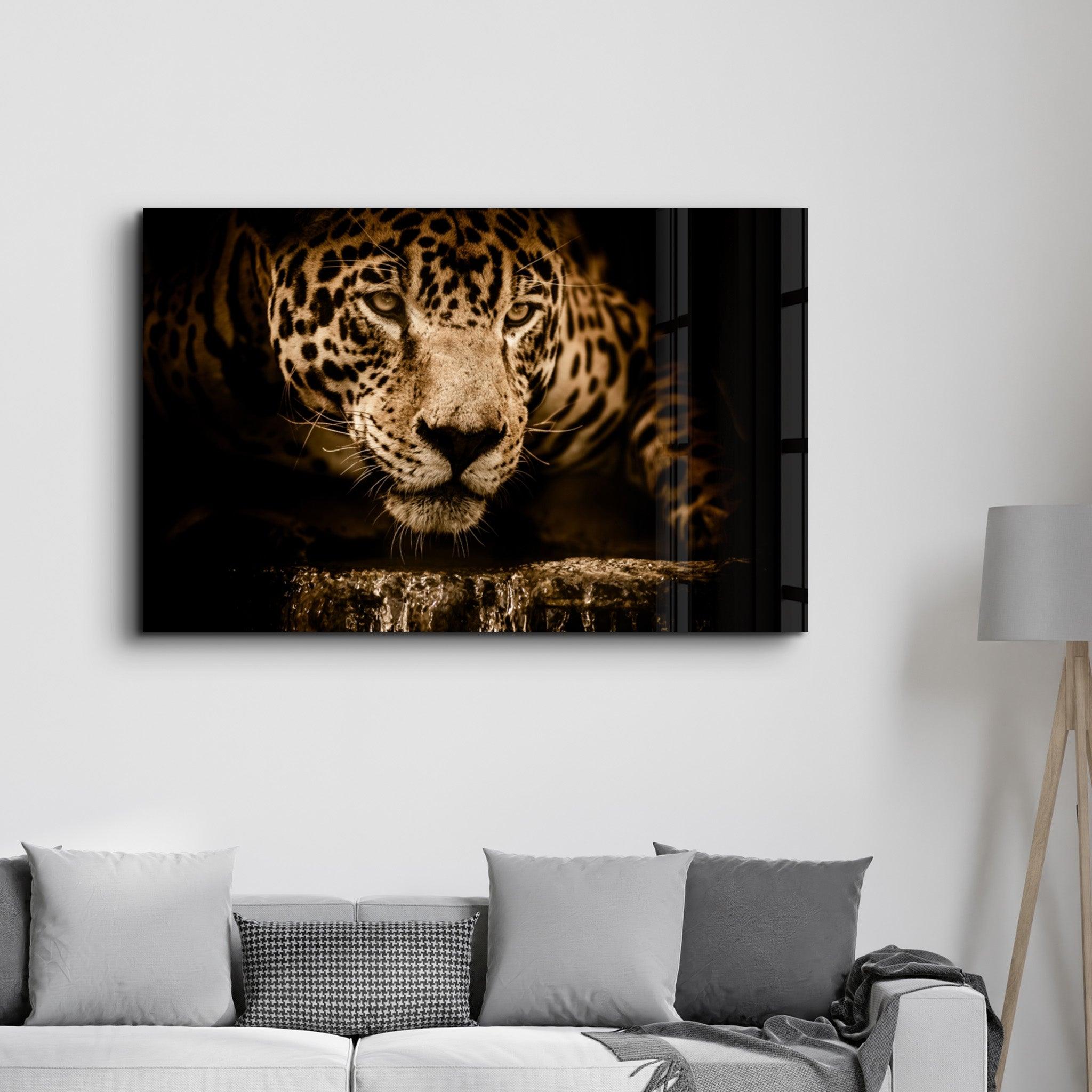 The Watchful Leopard | Glass Wall Art - Artdesigna