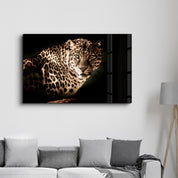 Leopard’s Silent Vigil | Glass Wall Art - Artdesigna