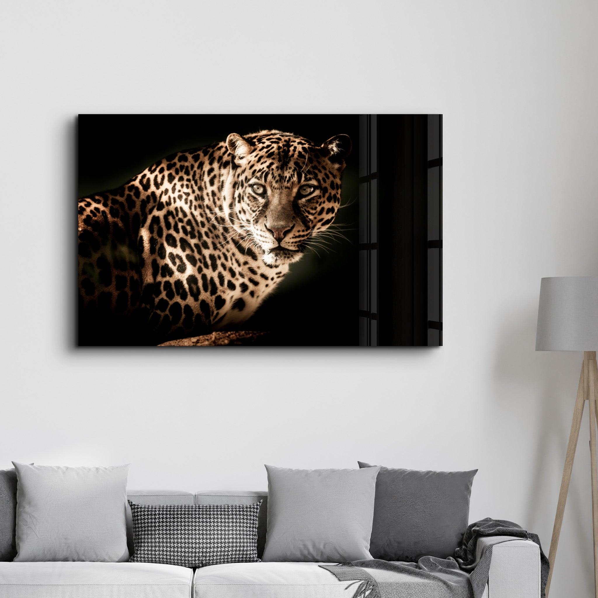 Leopard’s Silent Vigil | Glass Wall Art - Artdesigna