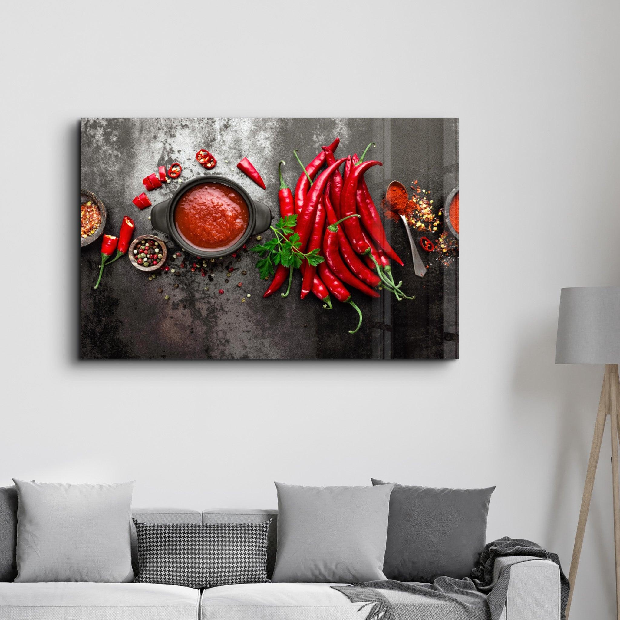 Red Peppers and Sauce | Glass Wall Art - Artdesigna