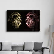 Lions Confrontation YR | Glass Wall Art - Artdesigna