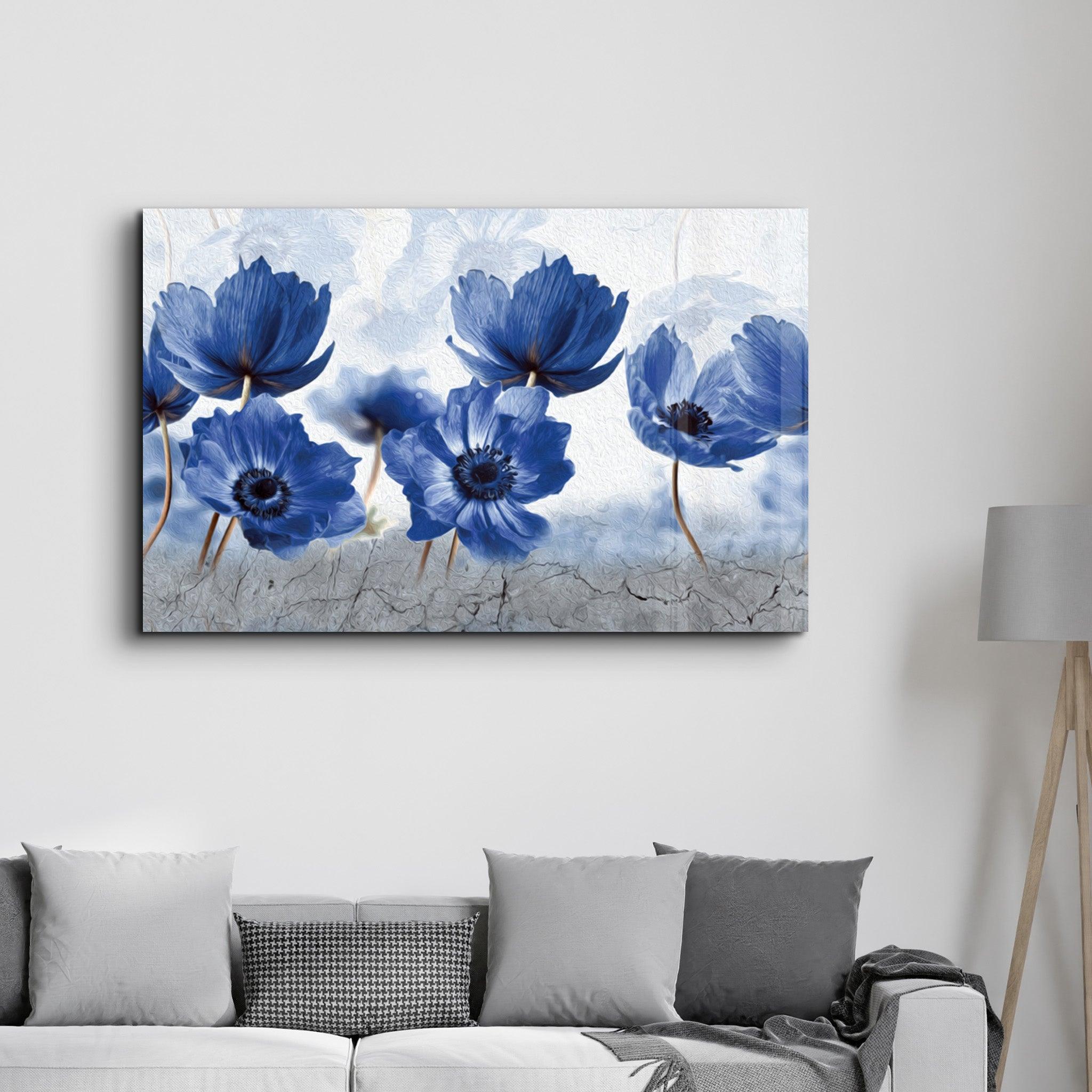 Blue Flowers | Glass Wall Art - Artdesigna