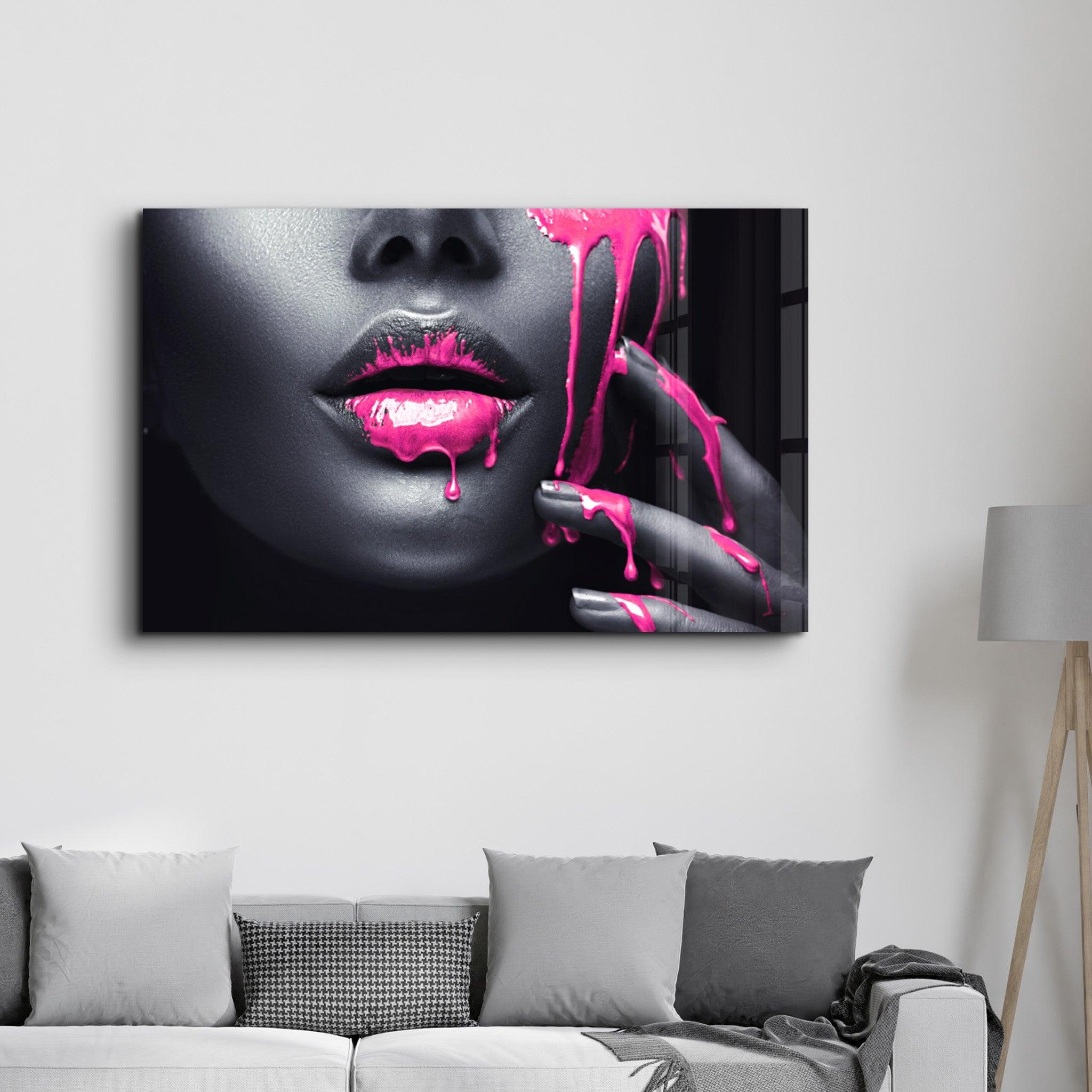 Pink Lips V2 | Glass Wall Art - Artdesigna