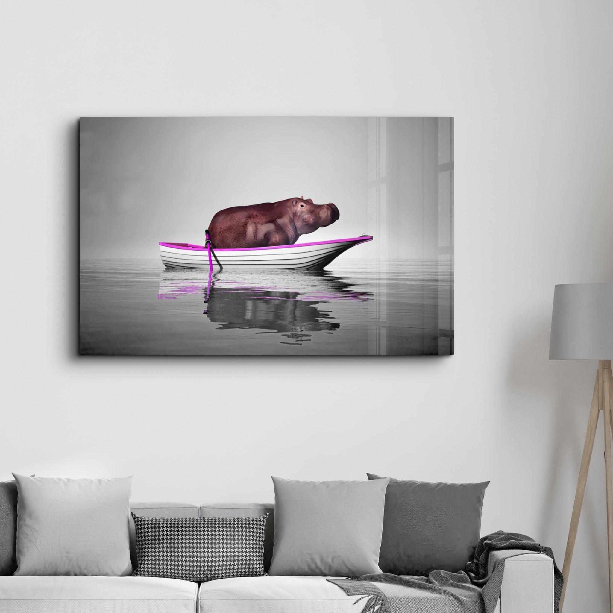 Hippo on the Boat 2 | Glass Wall Art - Artdesigna