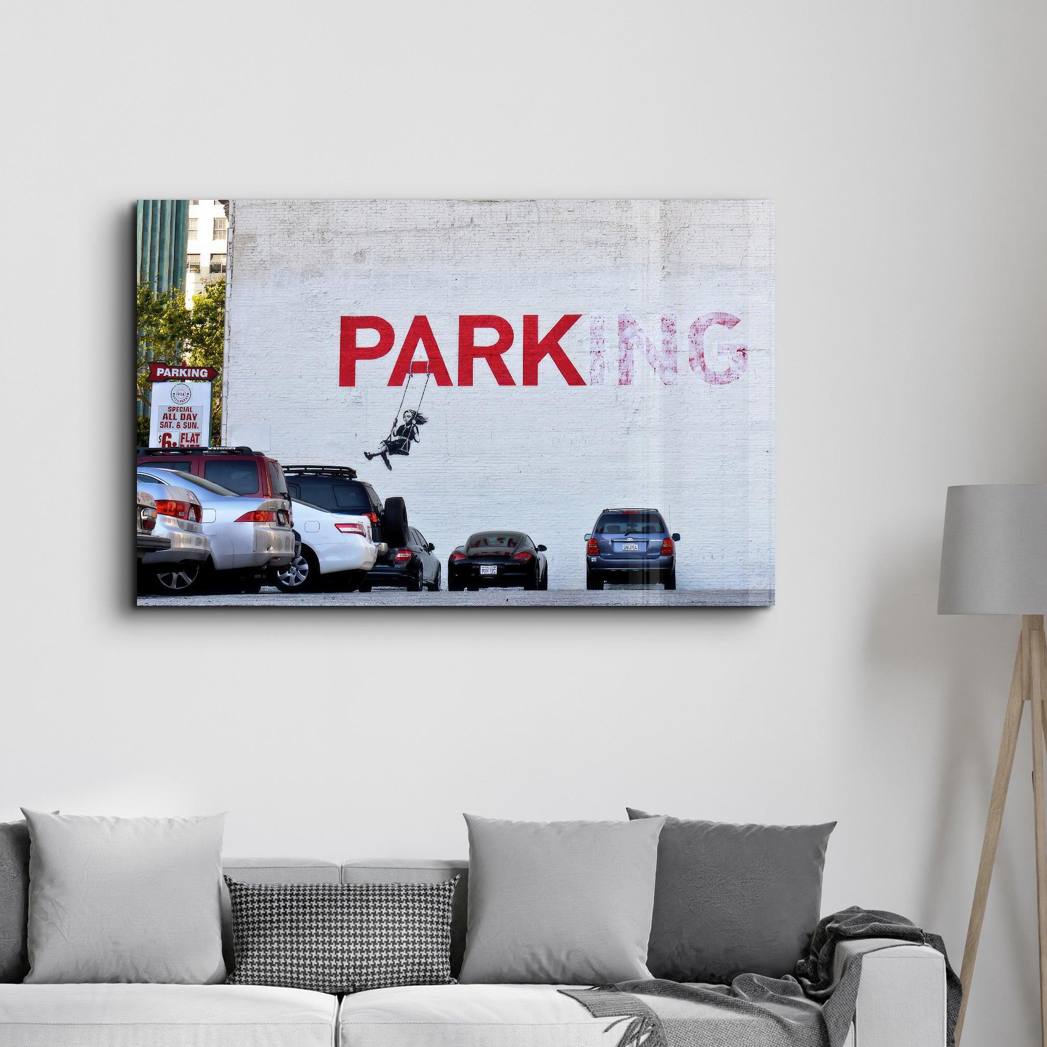 Banksy - Parking | Designer's Collection Glass Wall Art - Artdesigna