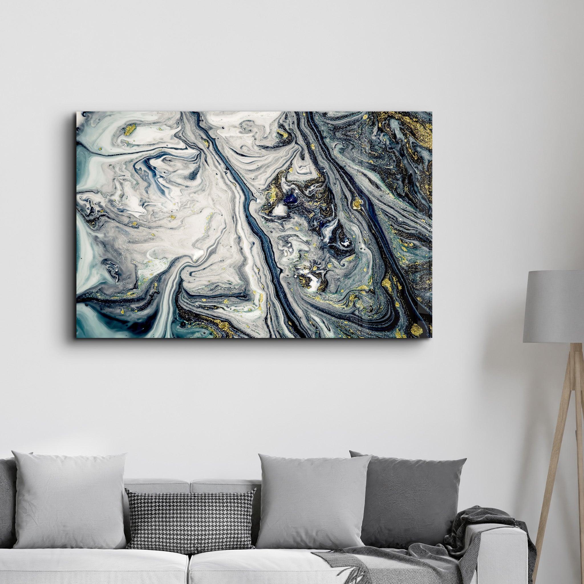 Gray Blue Marble with Golden Dust | Glass Wall Art - Artdesigna