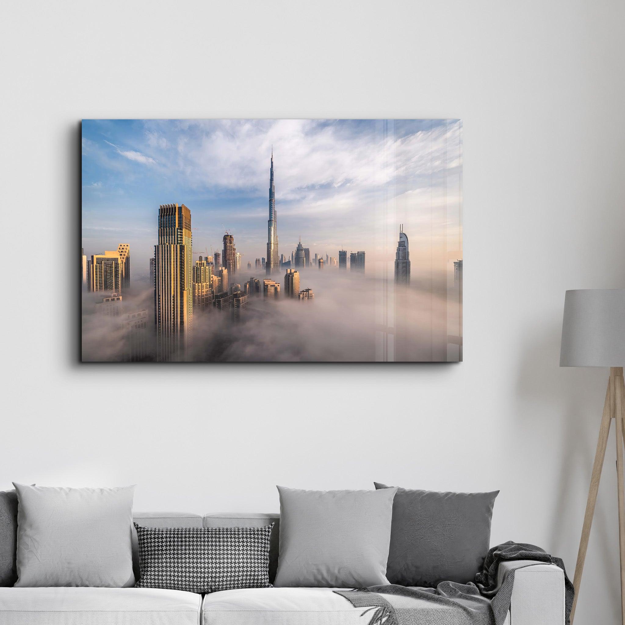 Dubai Sykline Under Fog- UAE | Glass Wall Art - Artdesigna