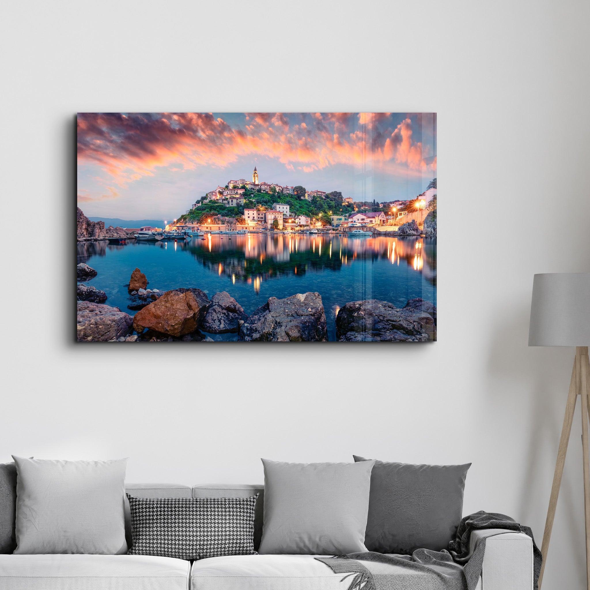 Breathtaking evening cityscape of Vrbnik town | Glass Wall Art - Artdesigna