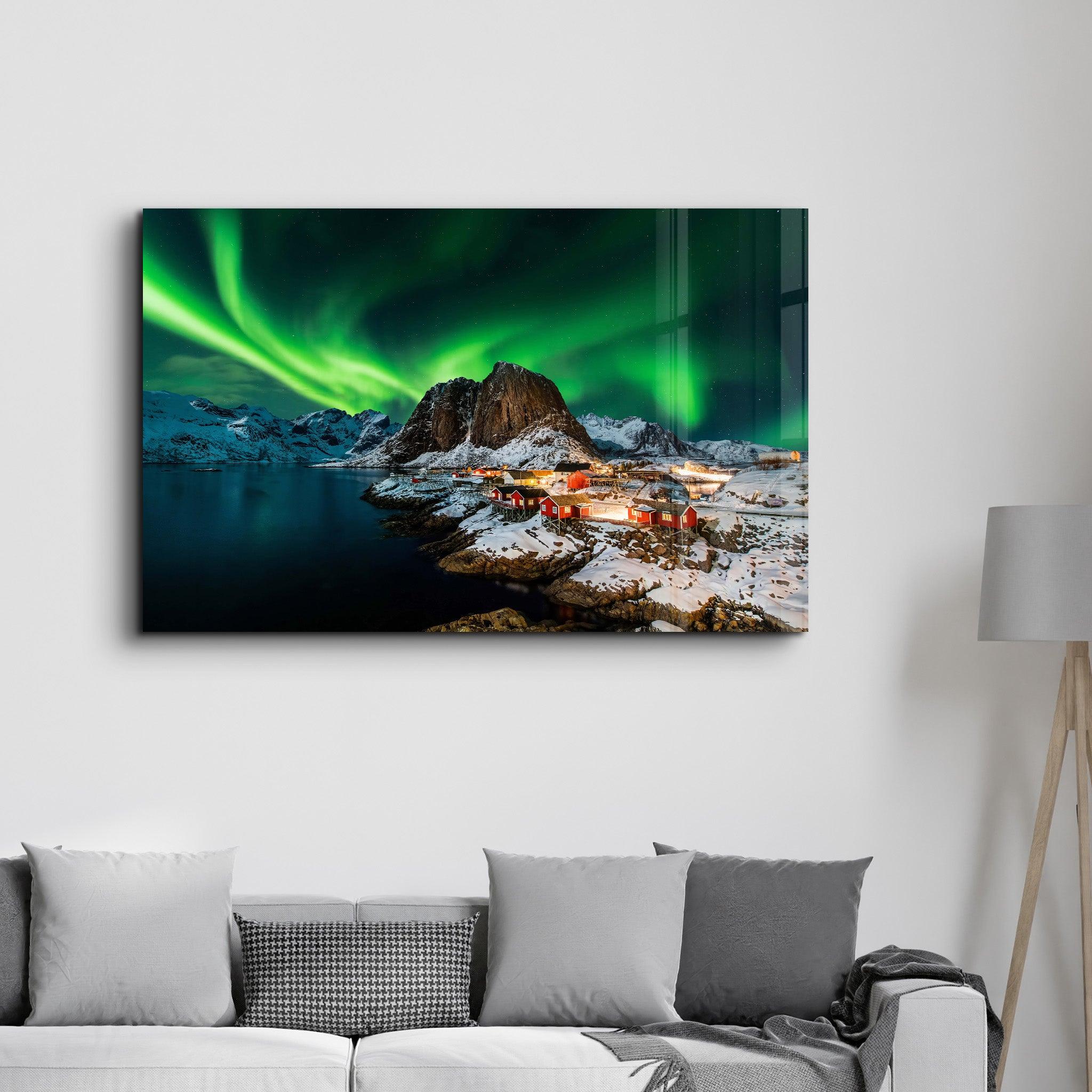 Aurora borealis over Hamnoy in Norway | Glass Wall Art - Artdesigna