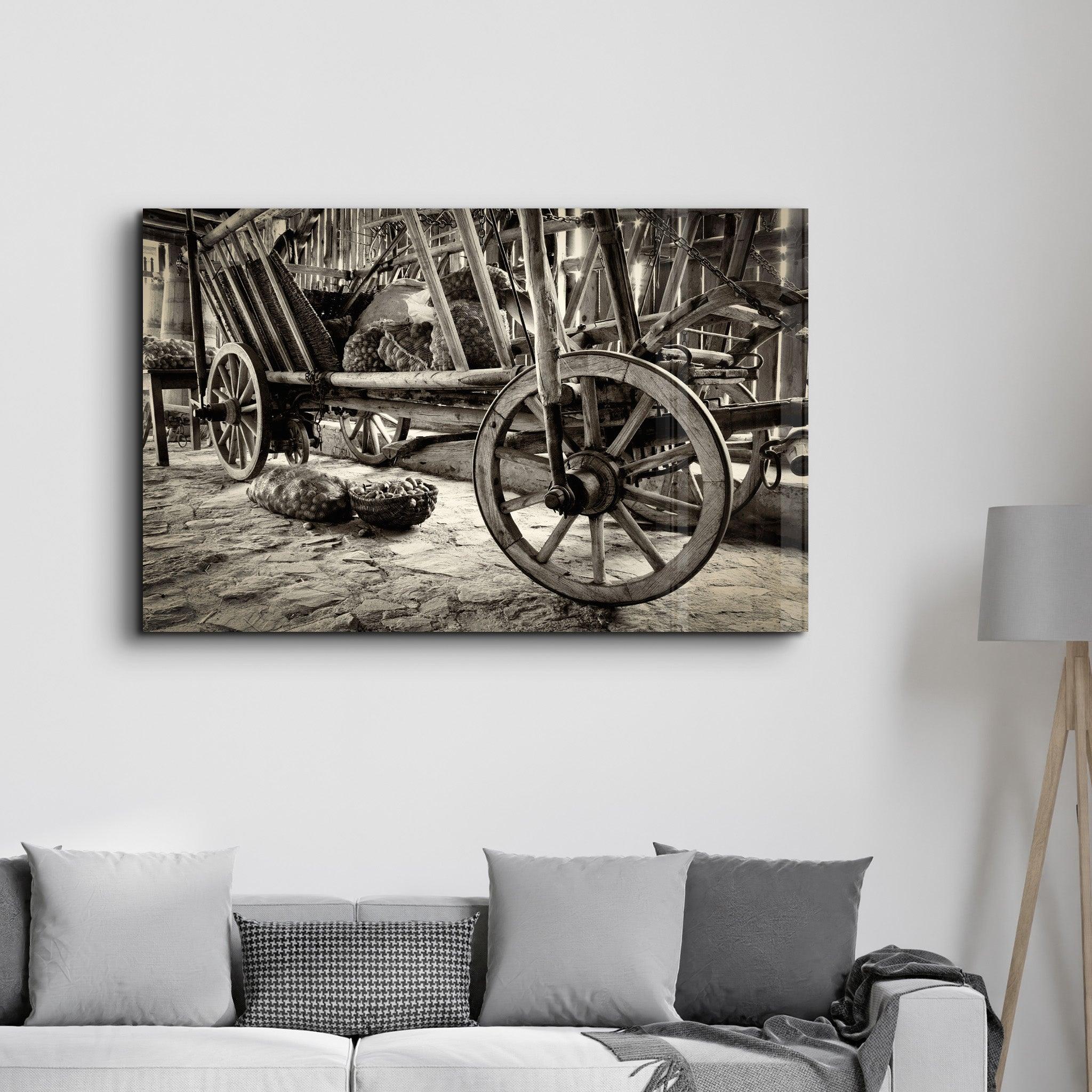 Old Wheel Cart | Glass Wall Art - Artdesigna