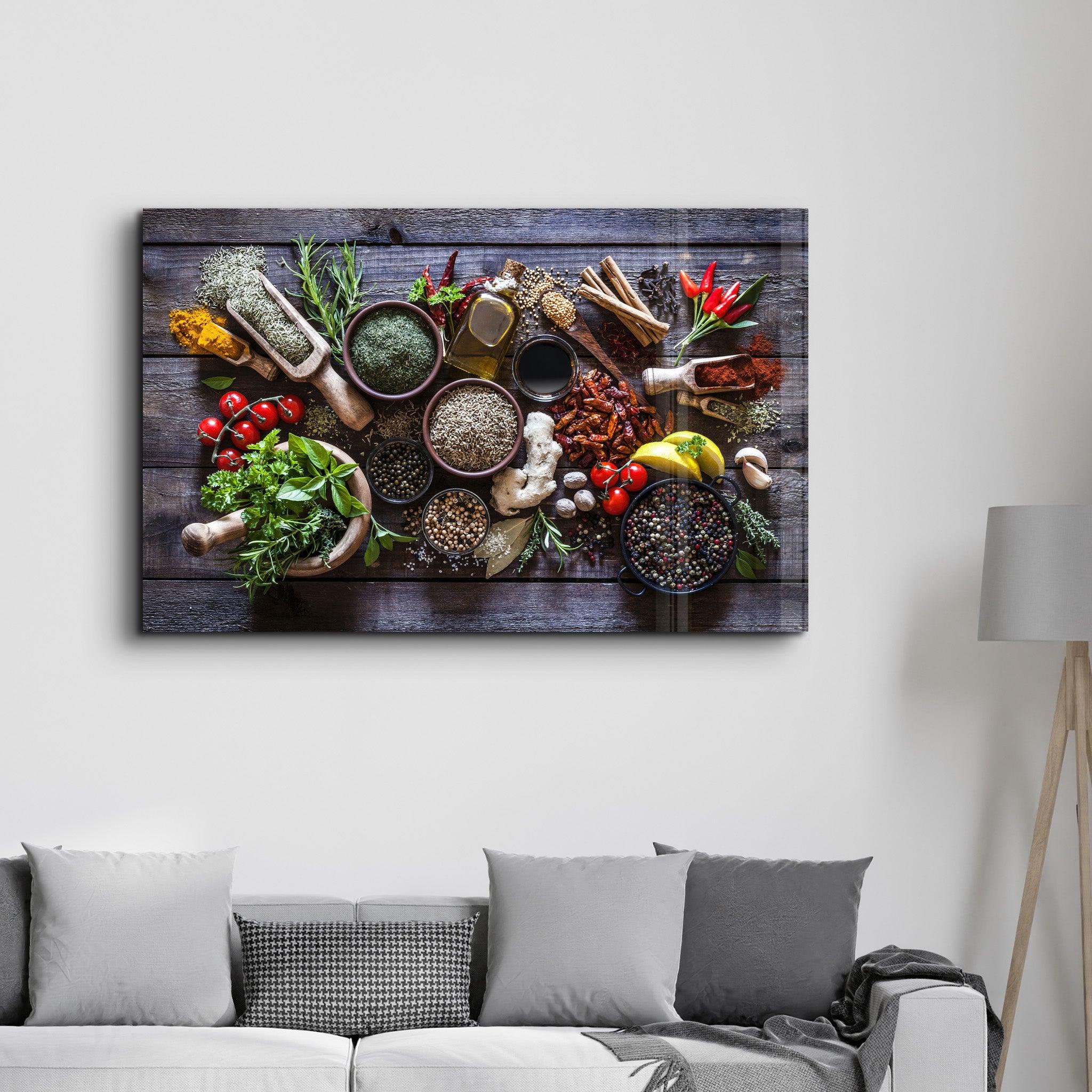 Spices And Vegetables | Glass Wall Art - Artdesigna