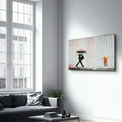 Banksy Umbrella Man Rainbow Rain Girl Glass Wall Art - Artdesigna