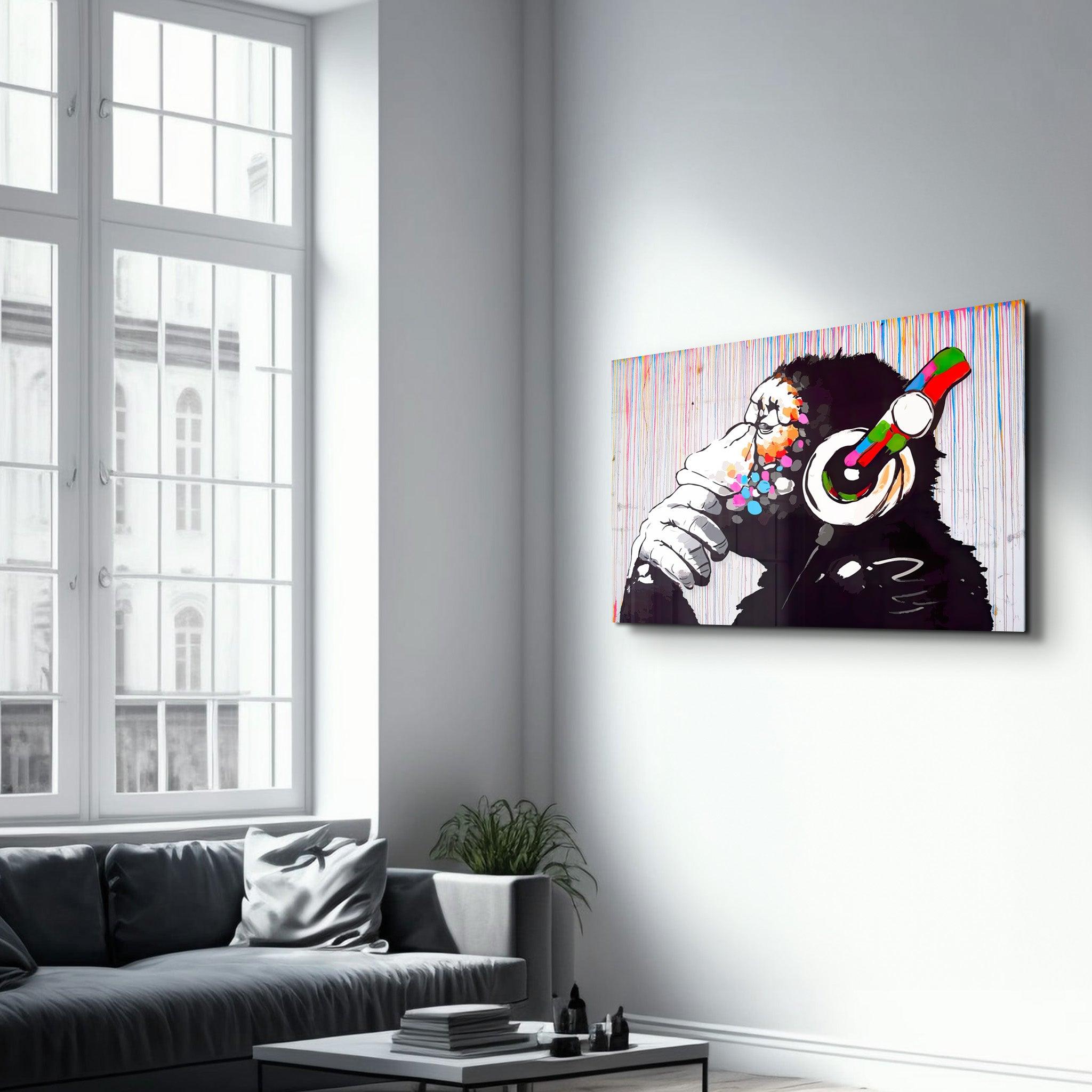 Banksy Monkey Beat Glass Wall Art - Artdesigna