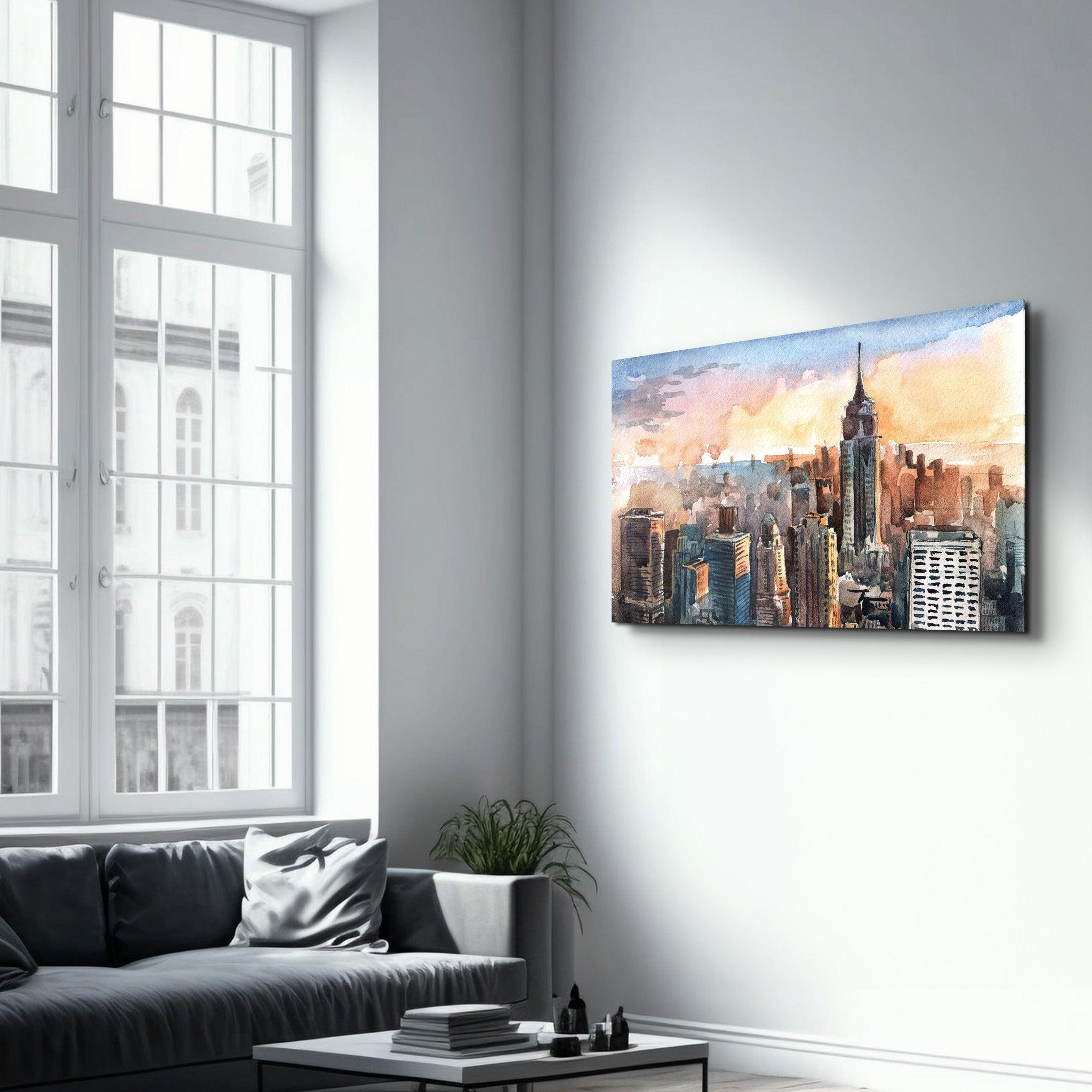 New York Watercolor Painting | Glass Wall Art - Artdesigna