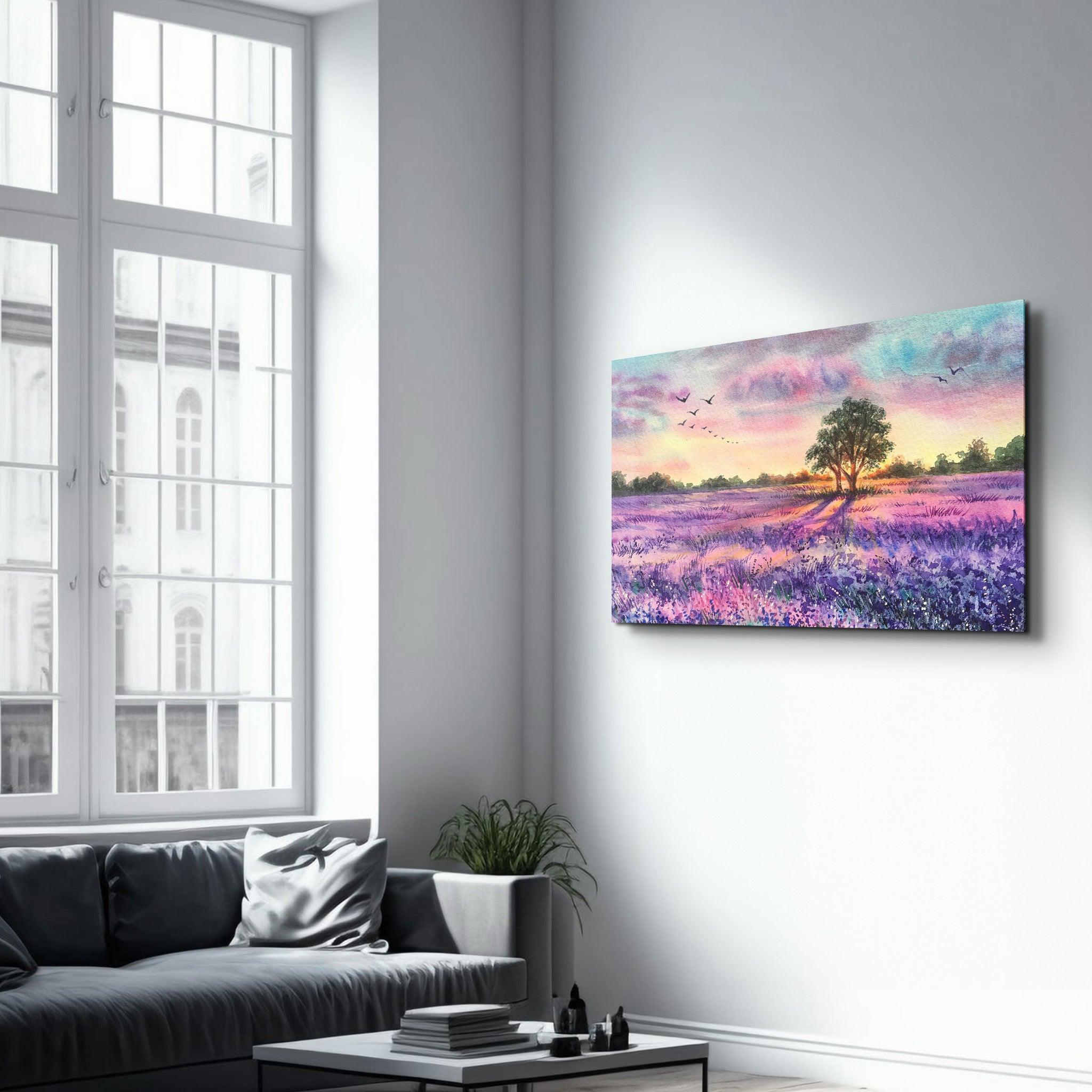 Sunset Meadow Painting | Glass Wall Art - Artdesigna