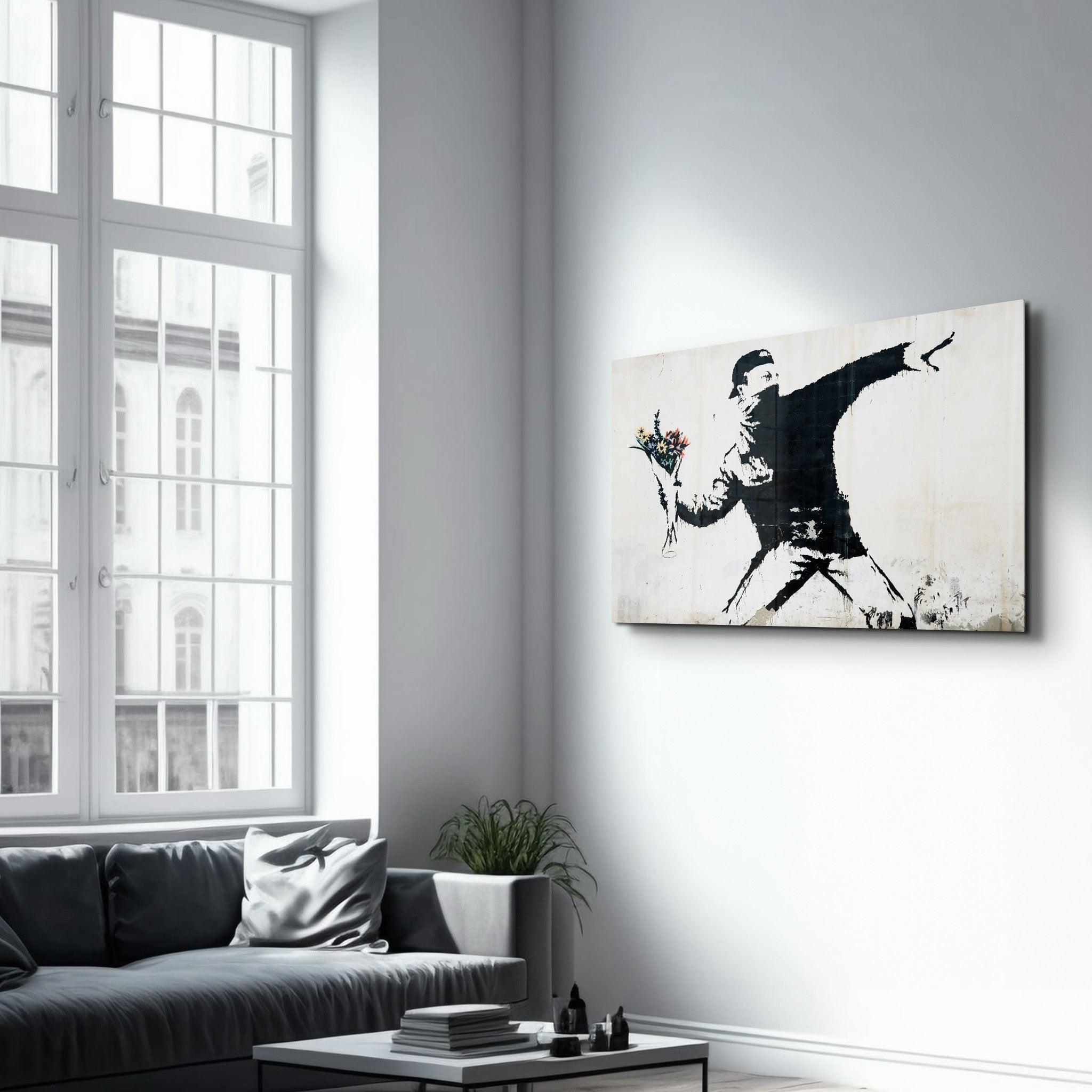 Banksy - Rioter Throwing a Flower Bouquet | Glass Wall Art - Artdesigna