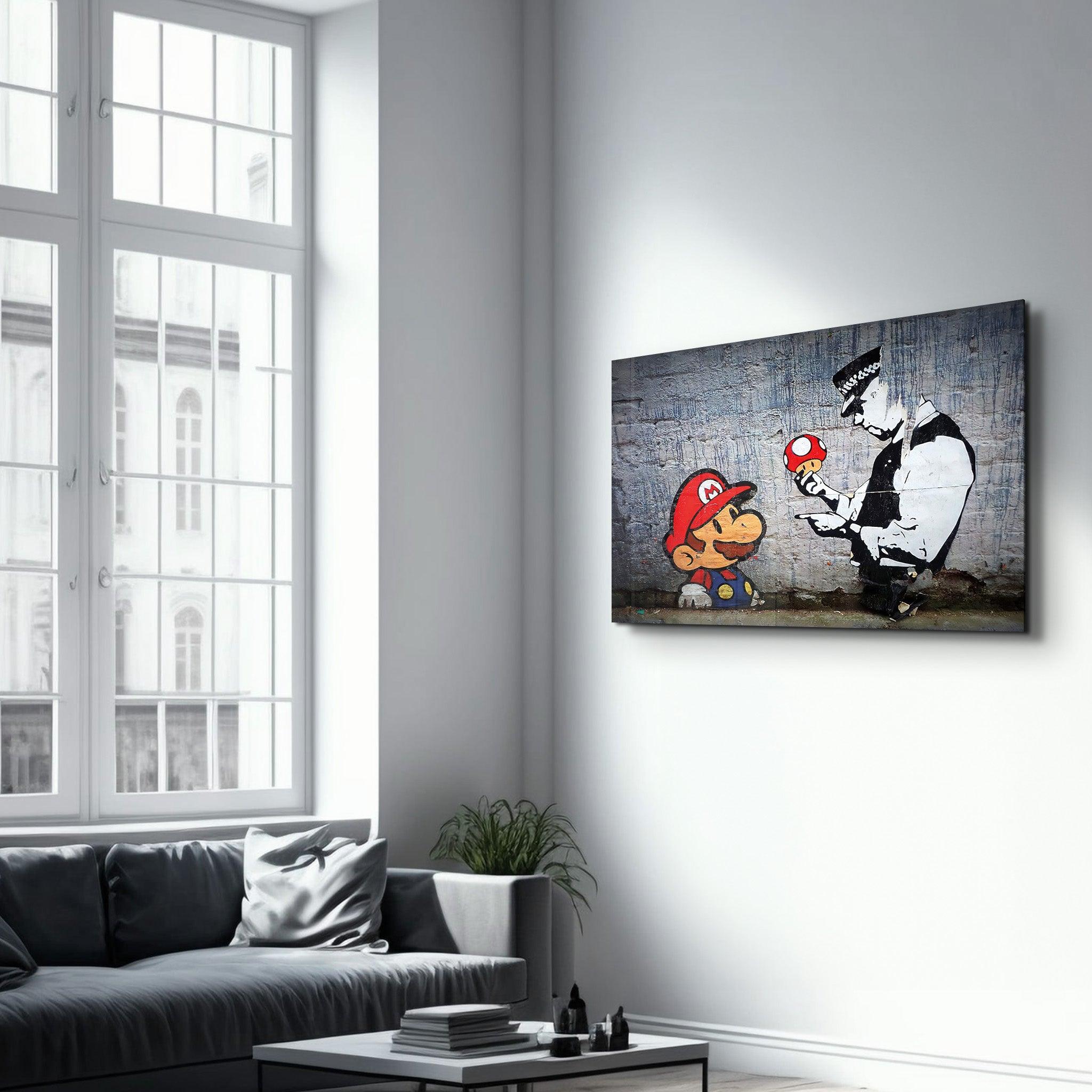 Banksy - Mario with a Policeman | Glass Wall Art - Artdesigna