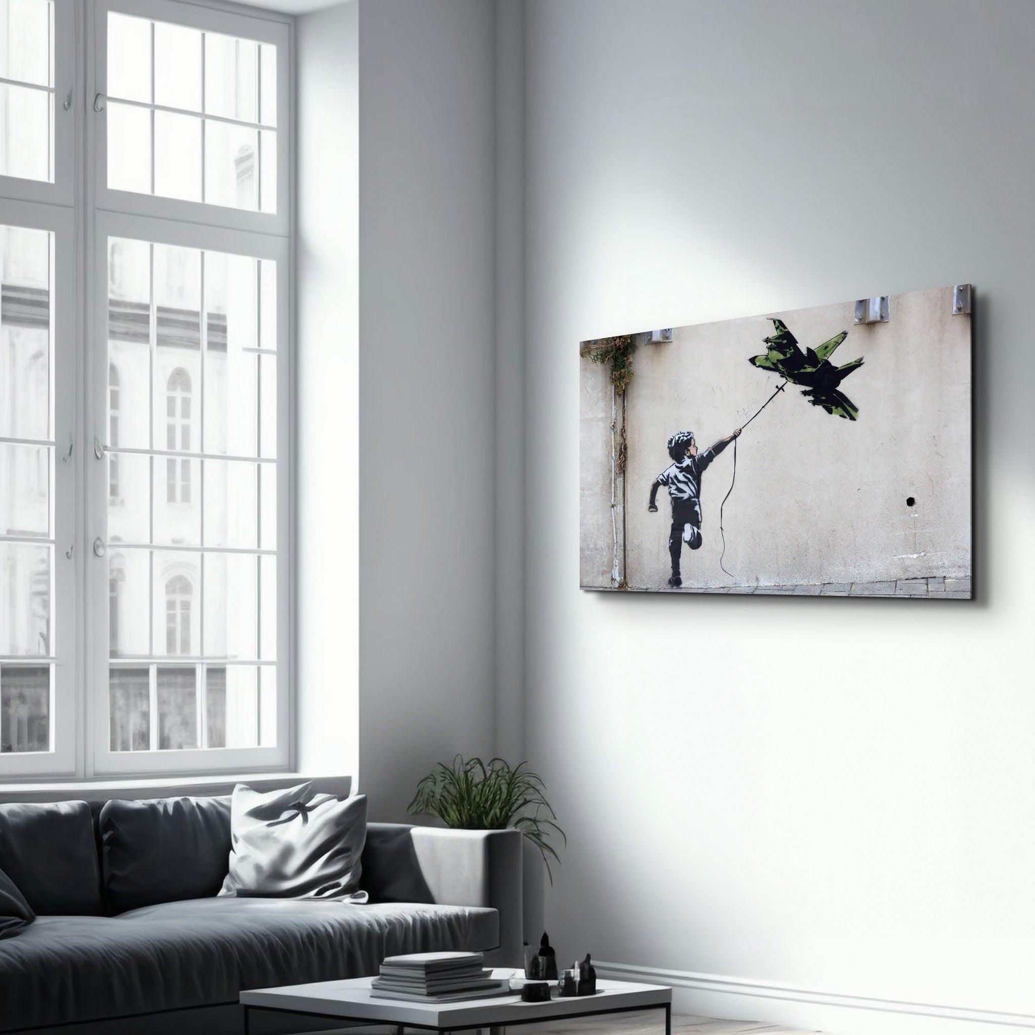 Banksy - fighter jet kite | Glass Wall Art - Artdesigna